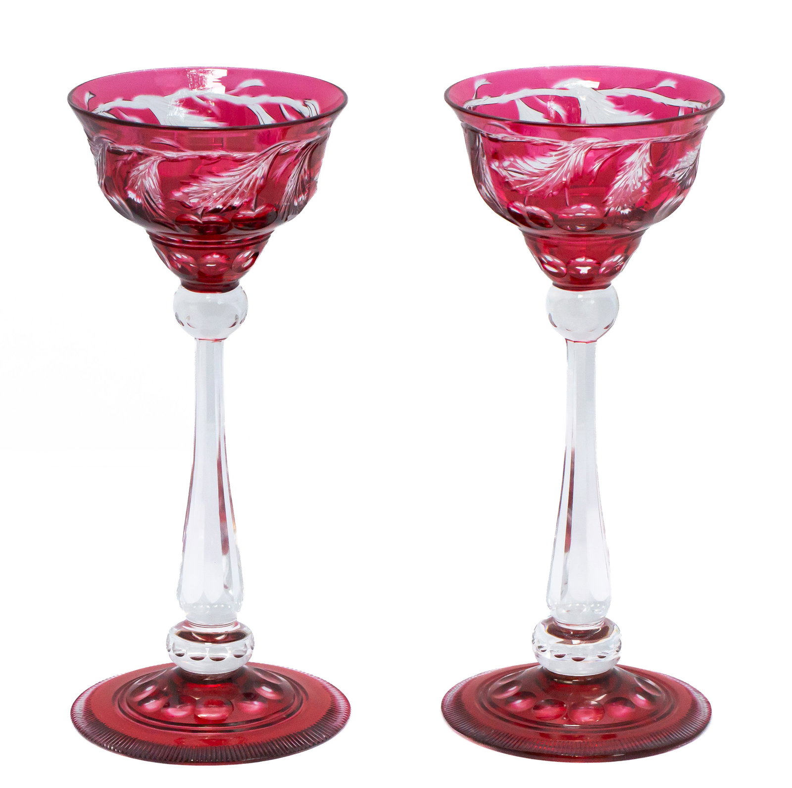 Amazing Baccarat Brilliant Period Cut Glass Engraved Toastic Chalices Cranberry to Clear (1 of 8)