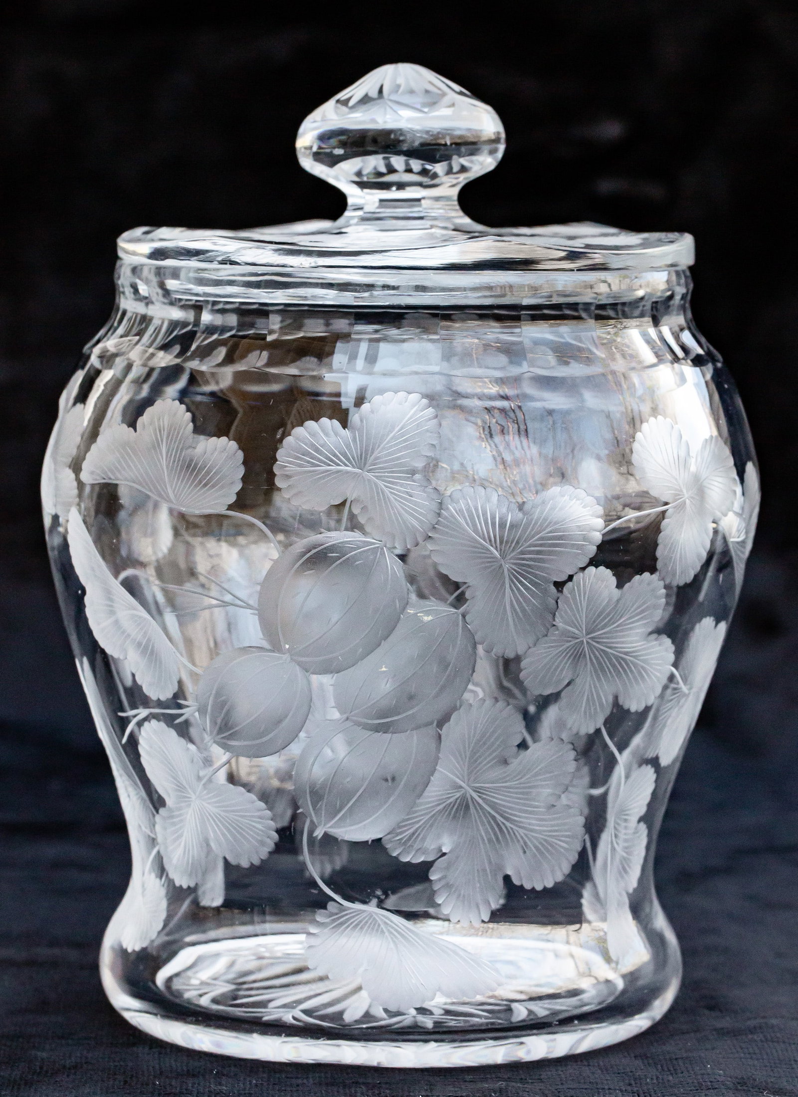 Elegant Sinclaire Engraved Gooseberries American Brilliant Period Cut Glass Jar (1 of 9)