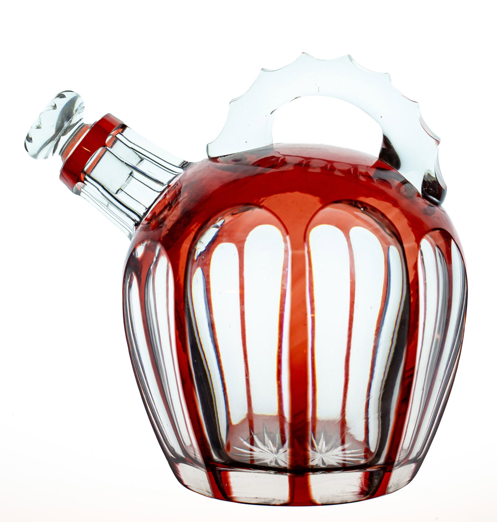Unusual Auburn Red St. Louis Crystal Brilliant Cut Glass Whiskey Jug in Clear Flutes (1 of 4)