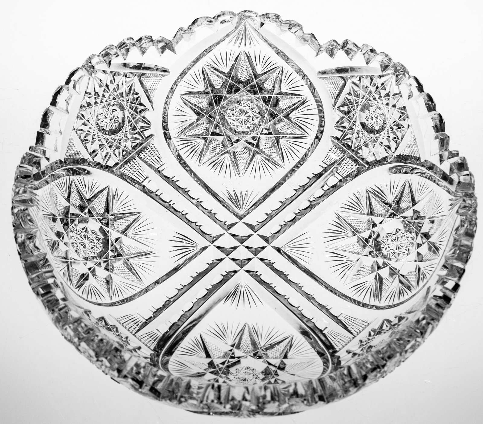 Meriden Florence Star & Cross American Brilliant period Cut Glass Low Bowl: This low bowl was mcut by Meriden in their Plymouth design and uses several of their often employed motifs including Florence stars and checking.
