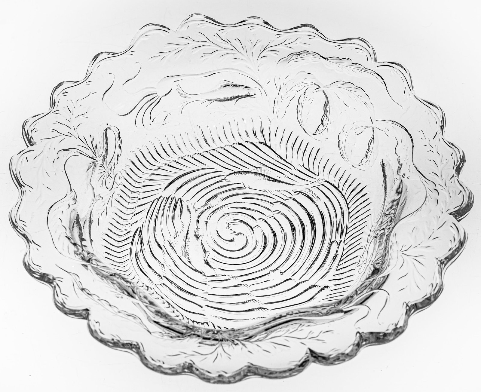 Incredible Sinclaire Engraved Rock Crystal Fish American Brilliant Cut Glass Bowl: This masterful bowl was engraved in great detail by Sinclaire. The bowl speaks for itself with swirling water, fish, various water plants, and even a little bug in the water! The edge of the bowl is r