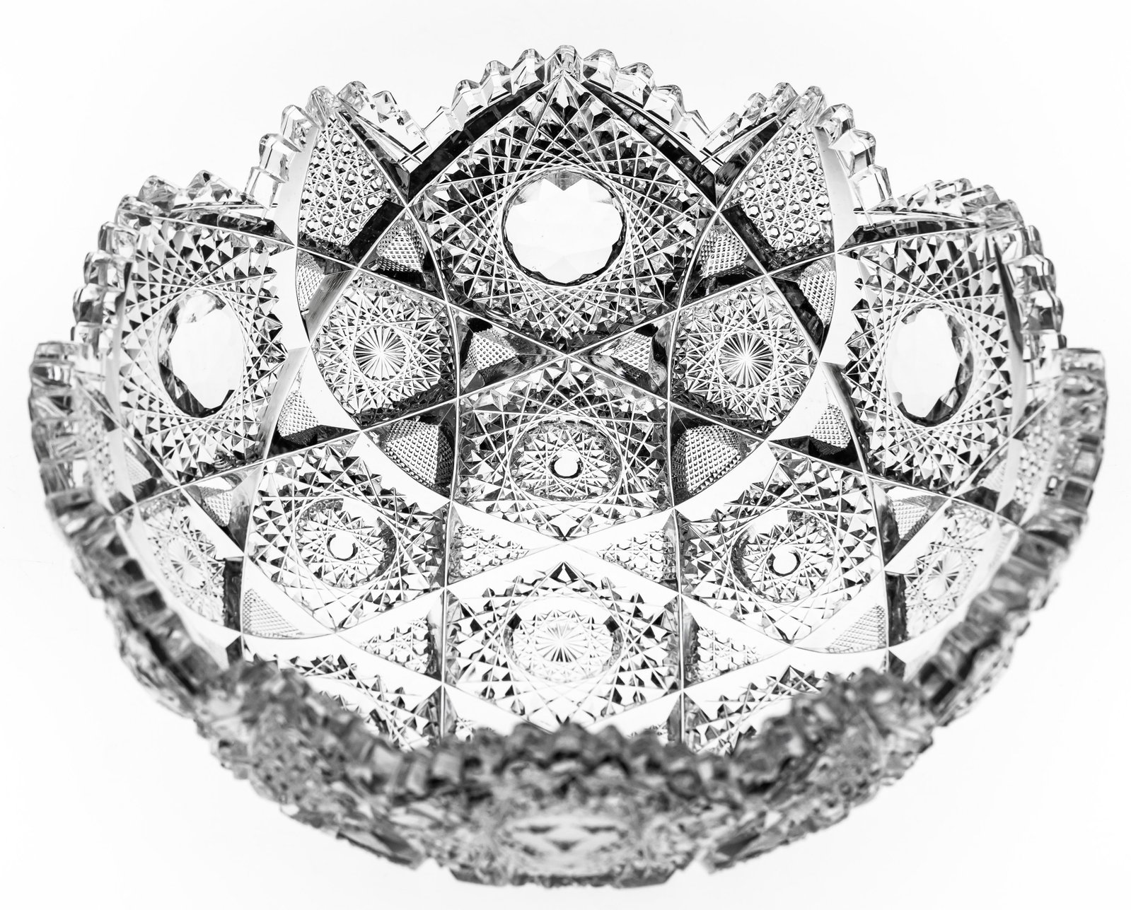 Awesome Meriden Columbia American Brilliant Cut Glass Bowl: This bowl is cut in Meriden's super-nice Columbia design which features rose-diamond centered hobstars. Bowl has many large chips around the rim