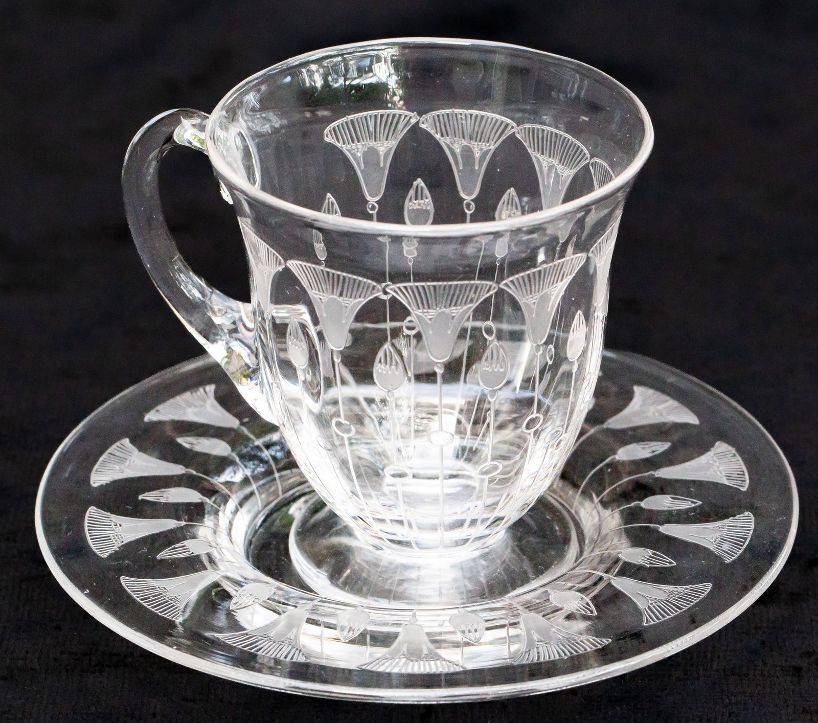 Hard to Find Dorflinger Kalana Lotus American Brilliant Period Cut Glass Cup and Saucer: Really cute cup and saucer in Dorflinger's Kalana Lotus design. It's amazing how they were able to achieve such tiny detail with acid-etching.