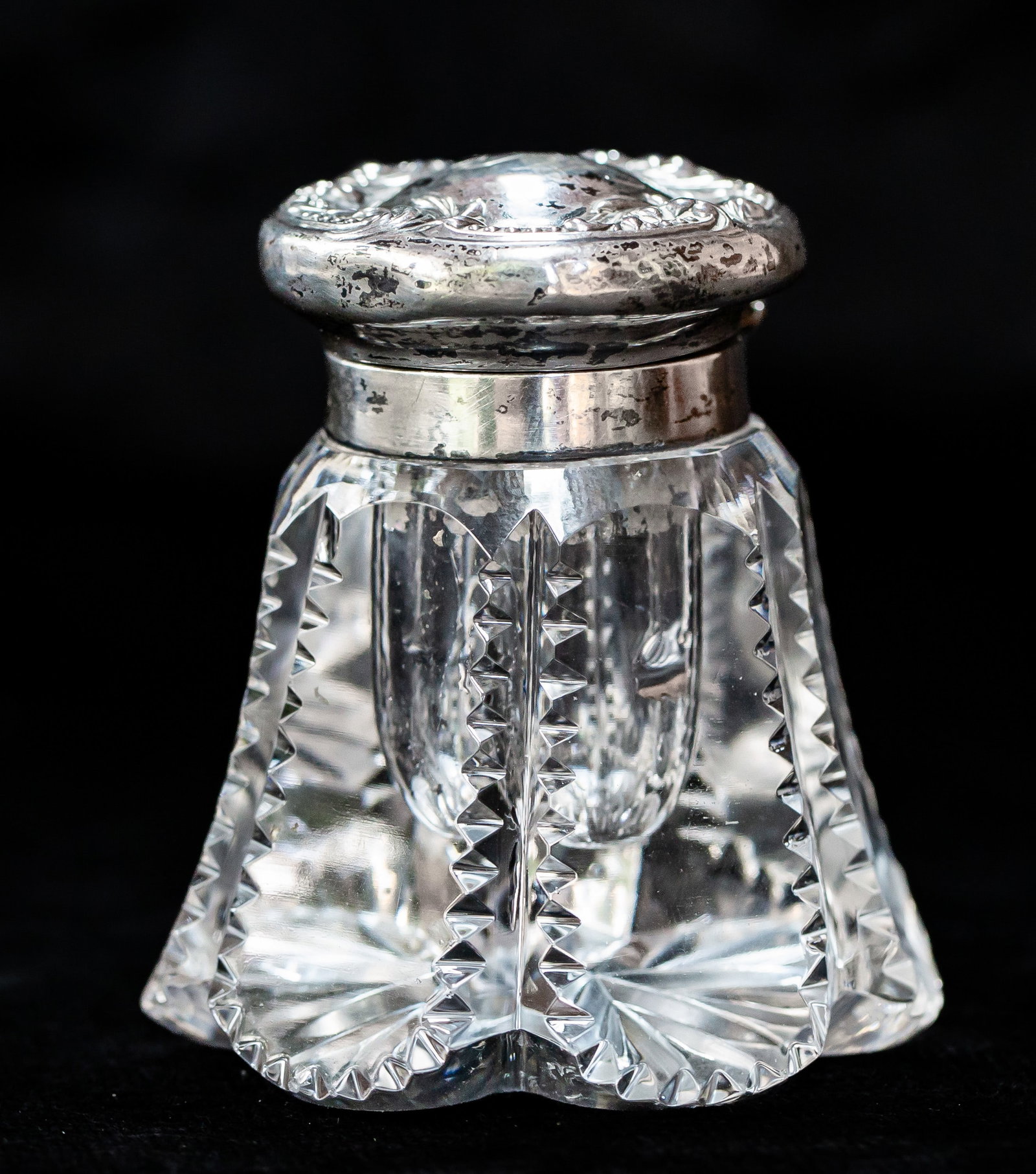 Cut American Brilliant Period Cut Glass Inkwell w/ Sterling Silver Top: This cute inkwell features clear fluted sides with deep miters around each flute. The sterling cap by R. Blackinton is beautiful but does have a bent lip on the other side.
