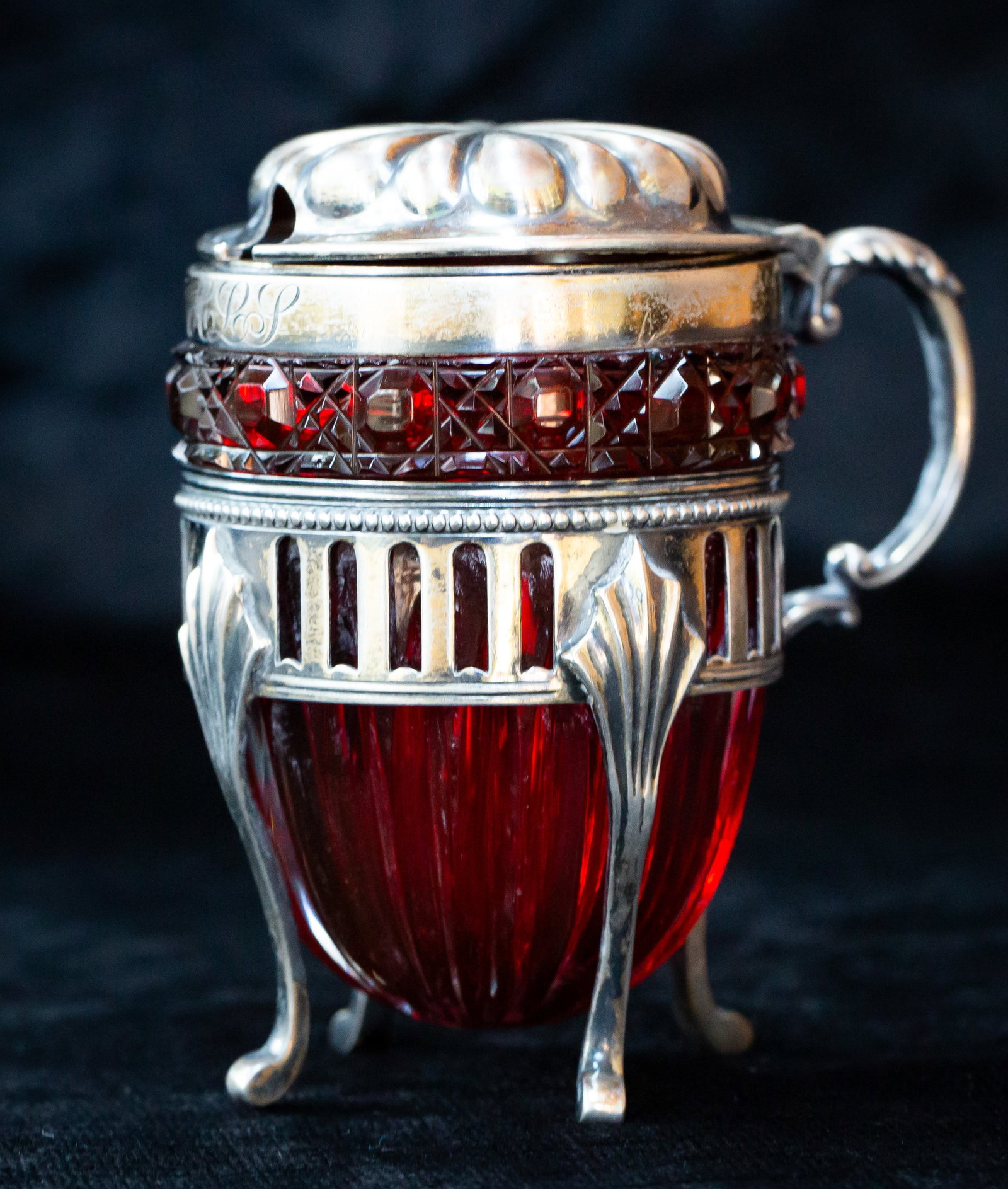 Extremely Rare Hoare? Hawkes? Ruby American Brilliant Cut Glass Gorham Sterling Mustard: This Mustard jar is one of the most stunning examples of ruby glass from the Brilliant Period. It has a really impressive silver holder, handle, and lid in sterling silver by Gorham. I believe this gl