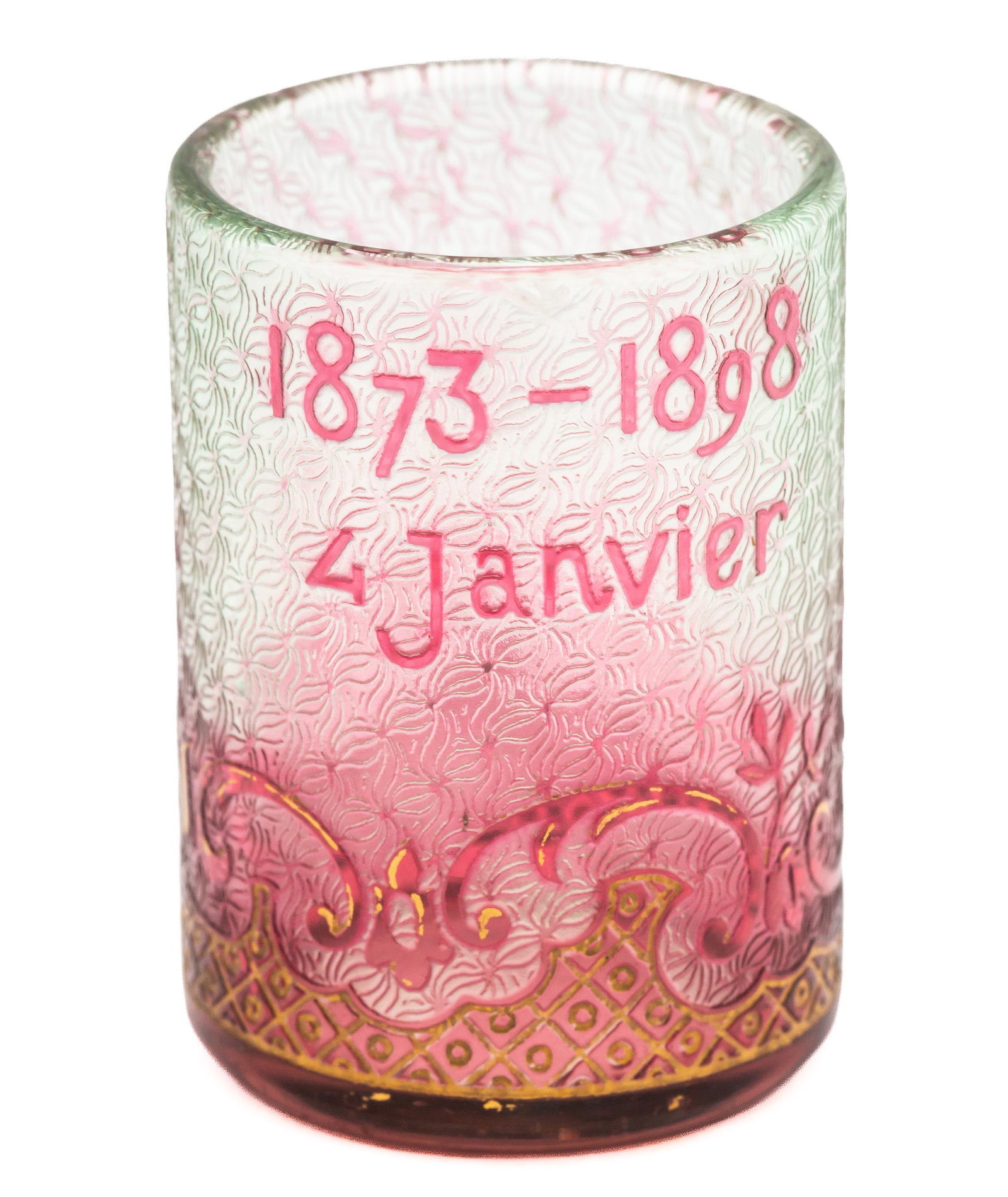 Unusual Val St. Lambert Colored 25th Anniversary Cased Acid Etched Cameo Shot Glass (1 of 3)