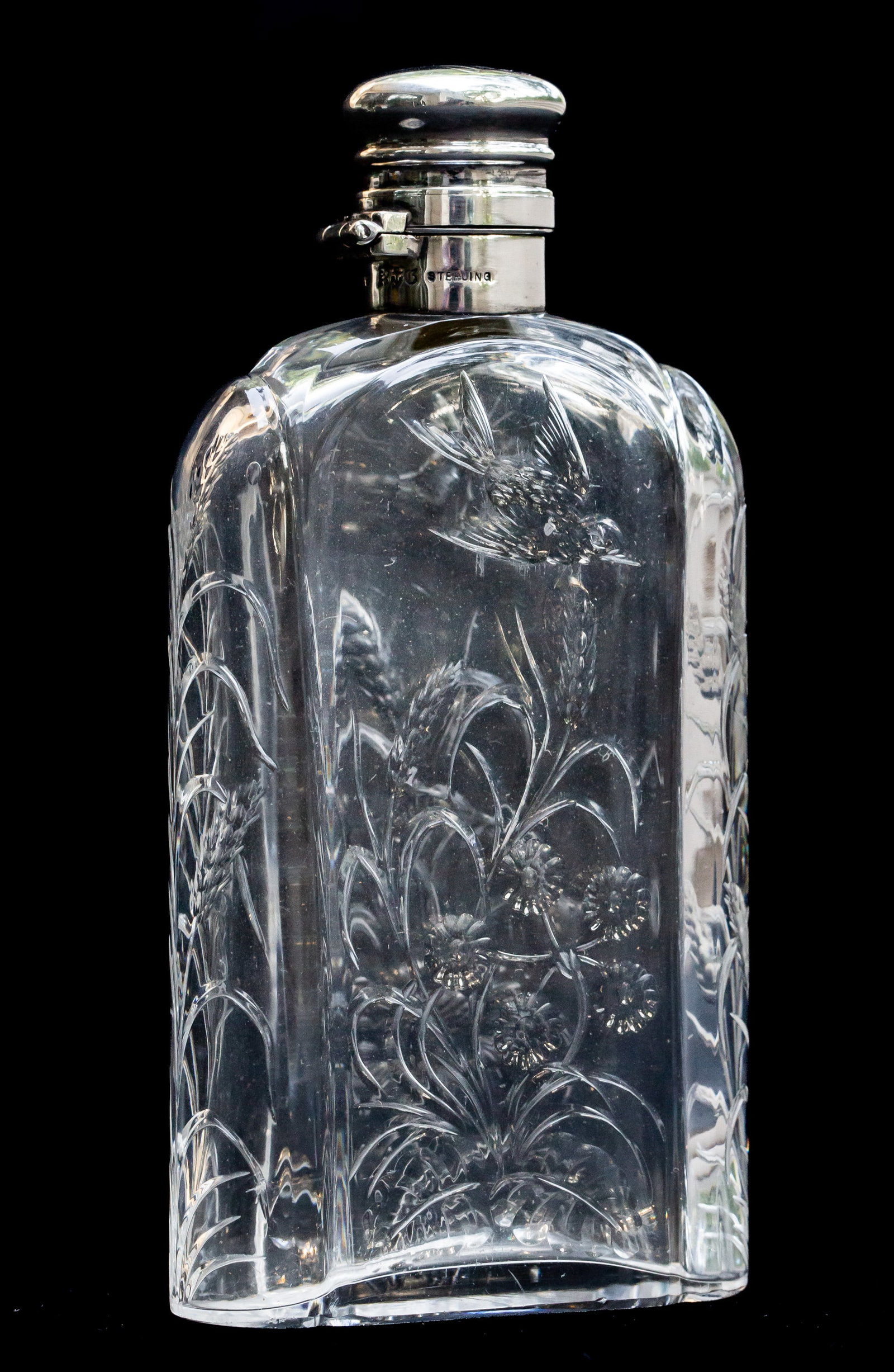 Cute Rock Crystal Engrave Brilliant Cut Glass Flask w/ Gorham Sterling Silver (1 of 6)