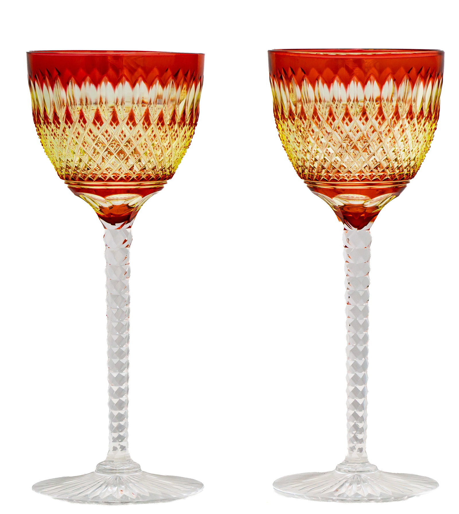 Unique Val St. Lambert Apricot to Gold to Clear Brilliant Cut Glass Hock Wine Glasses (1 of 7)