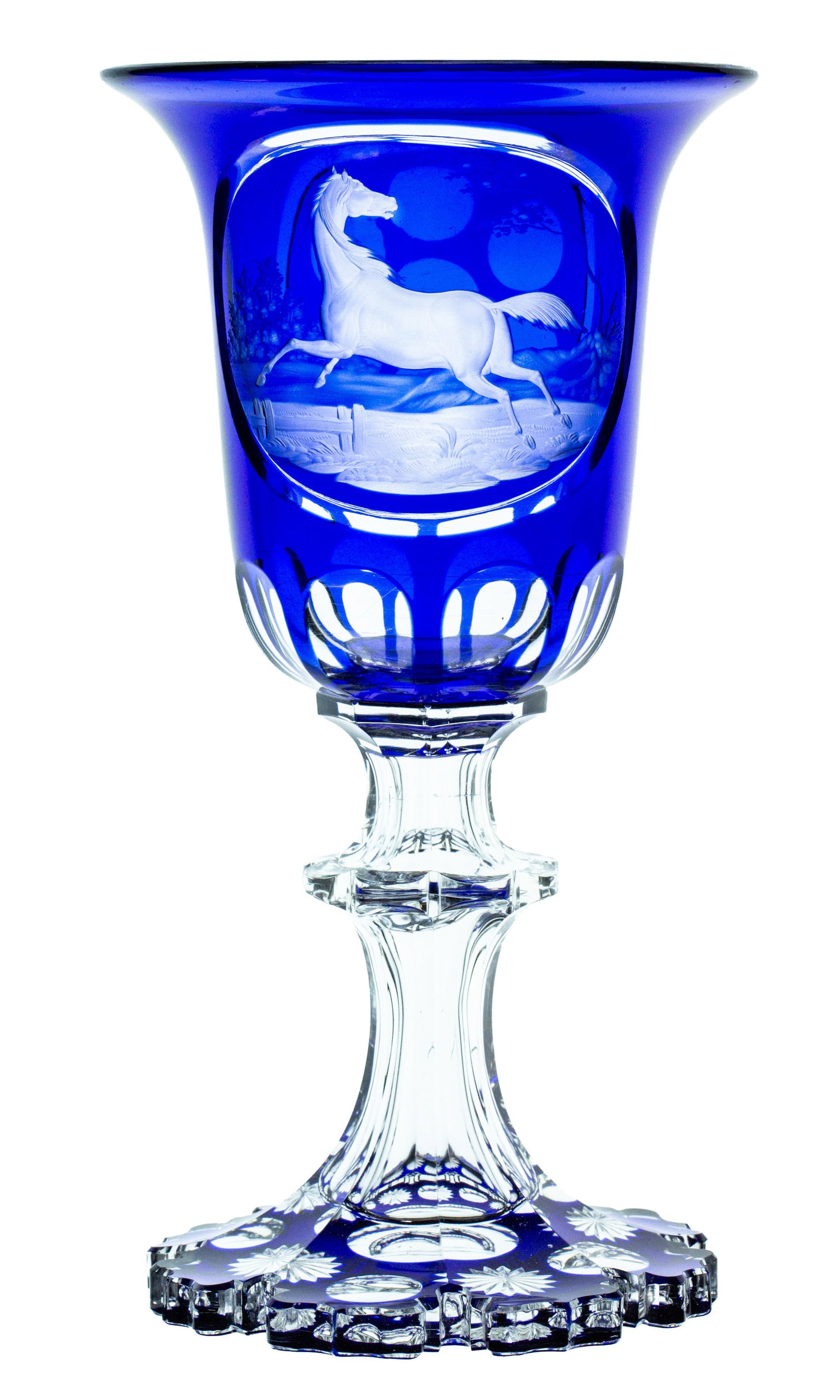 Fabulous Cobalt Blue to Clear Horse Cut and Engraved Glass Chalice (1 of 6)