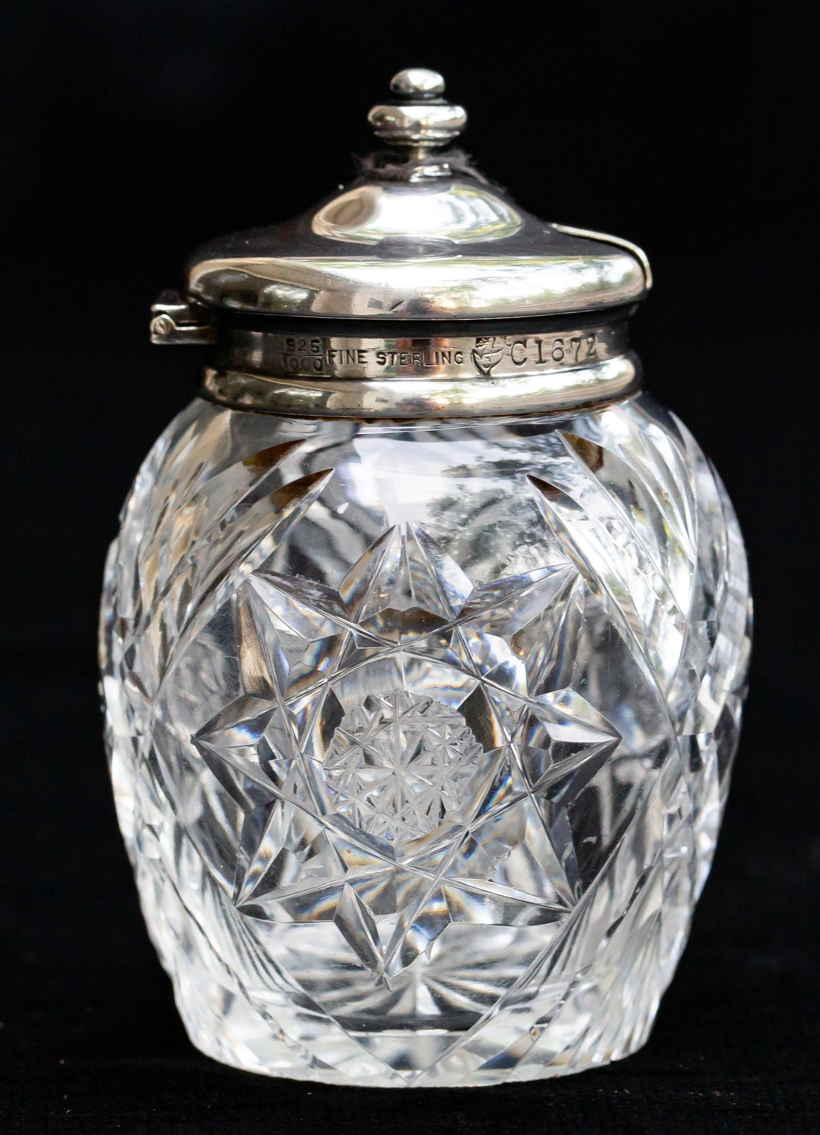 Cute American Brilliant Period Cut Glass Mustard Jar w/ Sterling Silver Lid: Cute little mustard jar with sterling lid by Simpson, Hall, Miller & Co.