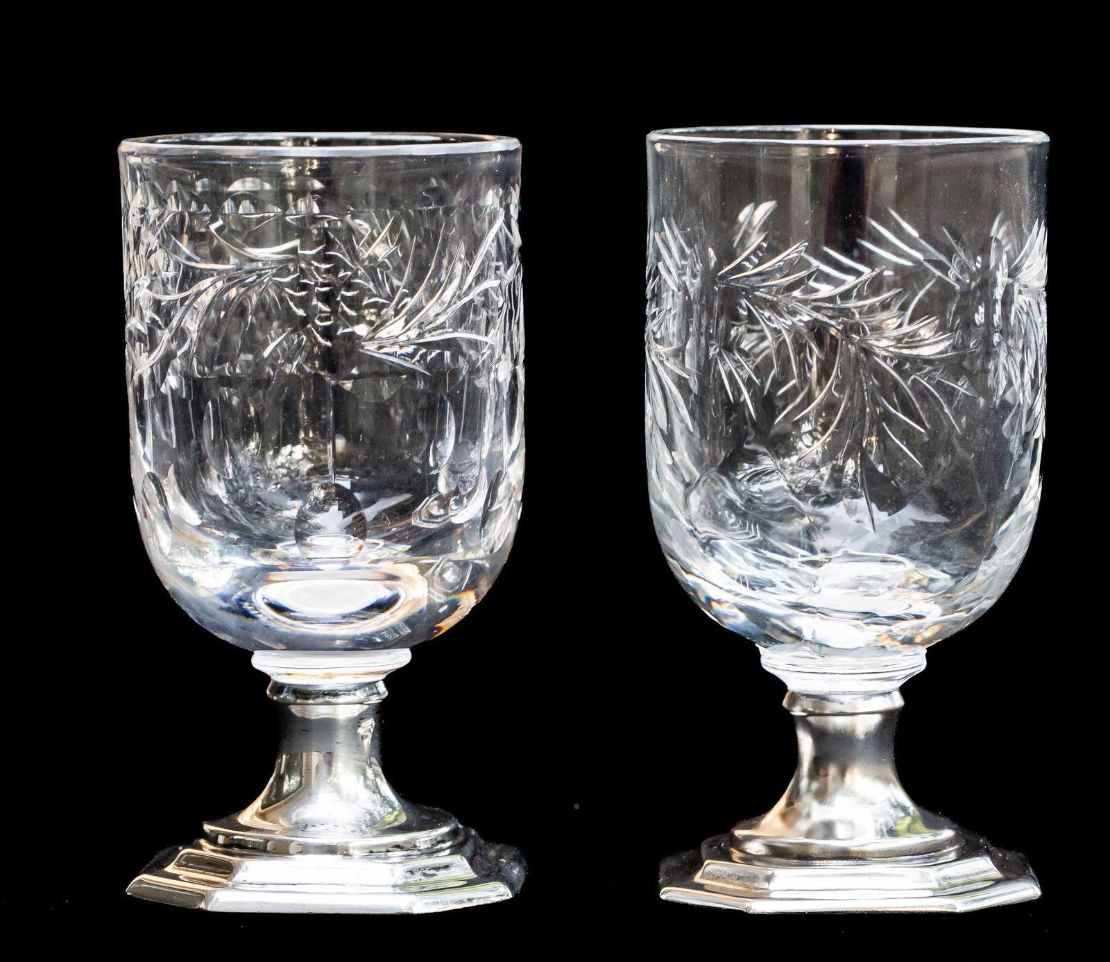 Pair of Hawkes & Sterling Silver Pedestaled American Brilliant Cut Glass Shot Glass: These Hawkes cut and engraved shot glasses are mounted with sterling silver pedestals. I've never seen this form before.