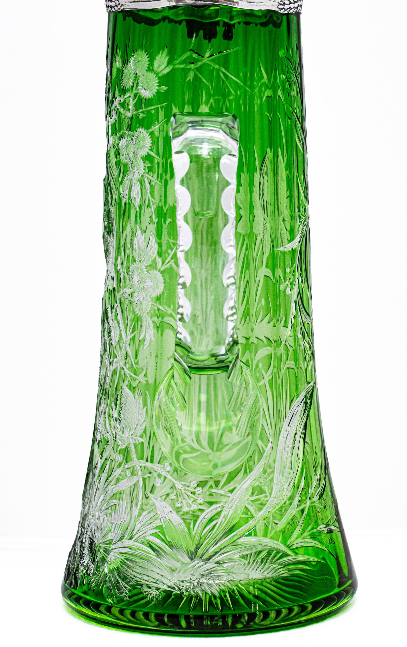 Magnificent Stevens & Williams Green/Clear Engraved Cut Glass Pitcher with Mauser Sterling Silver - 11