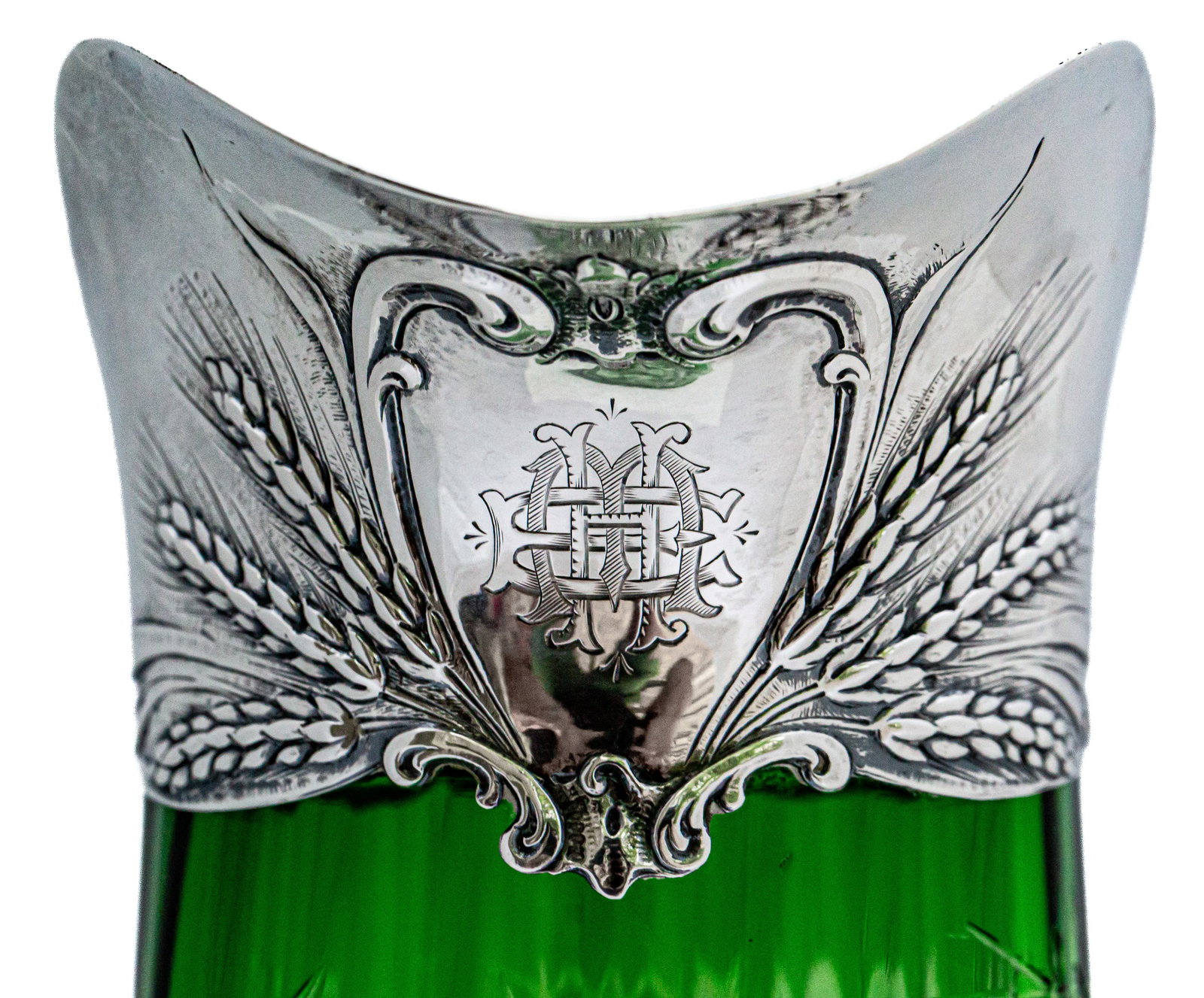Magnificent Stevens & Williams Green/Clear Engraved Cut Glass Pitcher with Mauser Sterling Silver - 12