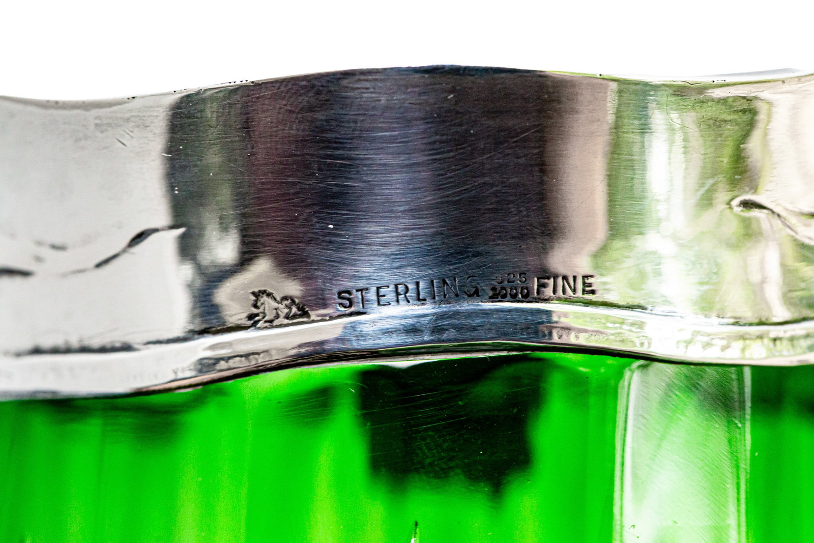 Magnificent Stevens & Williams Green/Clear Engraved Cut Glass Pitcher with Mauser Sterling Silver - 13