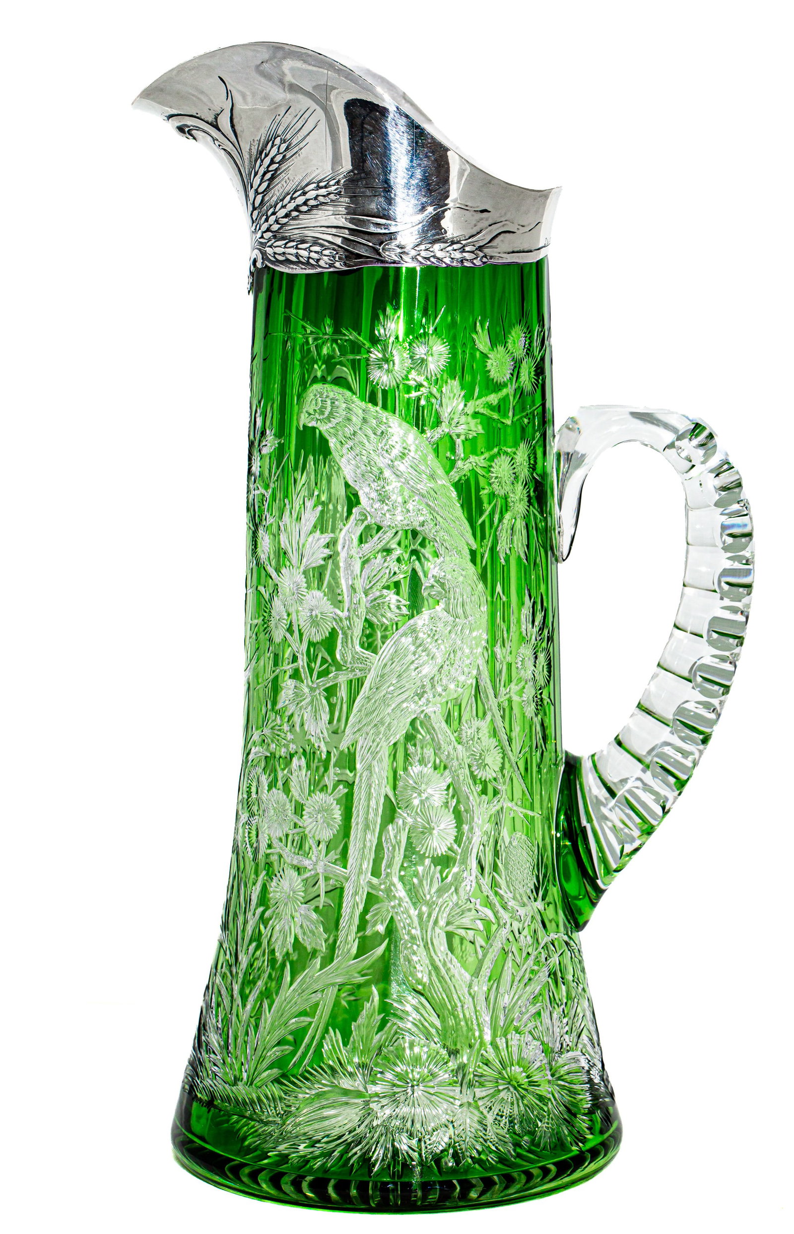 Magnificent Stevens & Williams Green/Clear Engraved Cut Glass Pitcher with Mauser Sterling Silver (1 of 14)