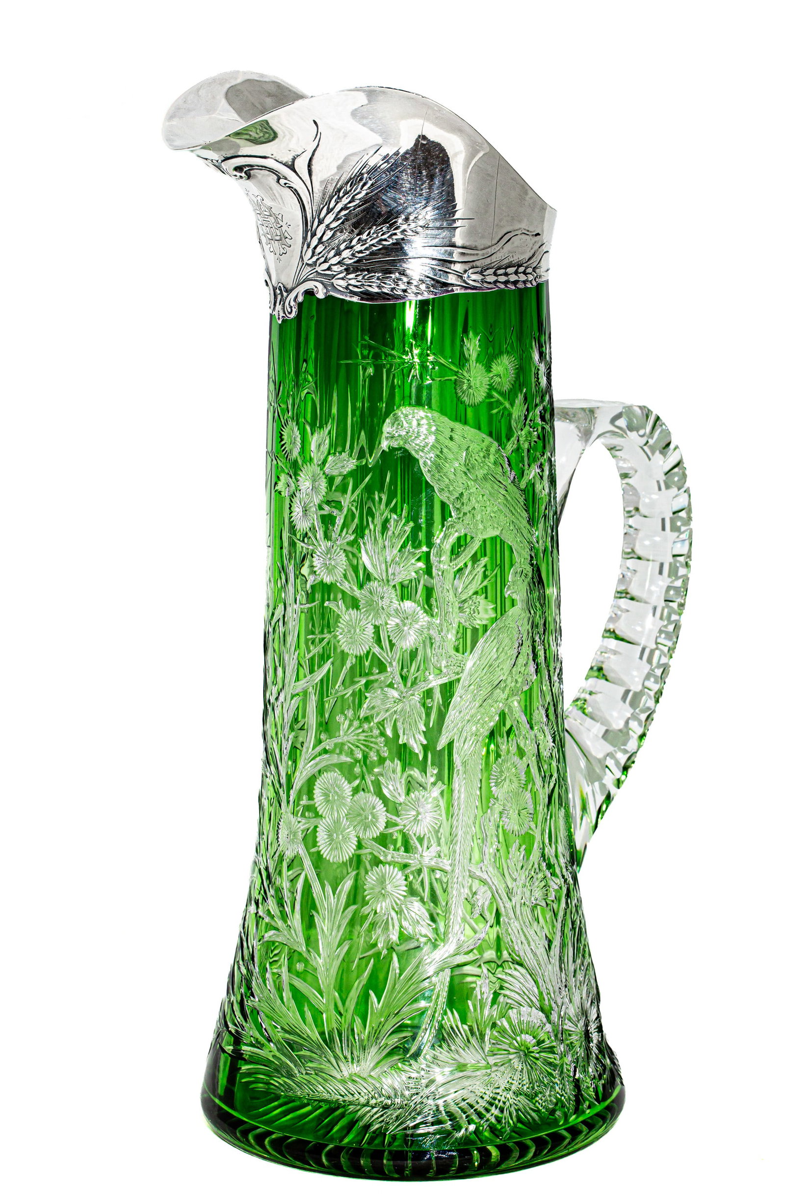 Magnificent Stevens & Williams Green/Clear Engraved Cut Glass Pitcher with Mauser Sterling Silver - 2