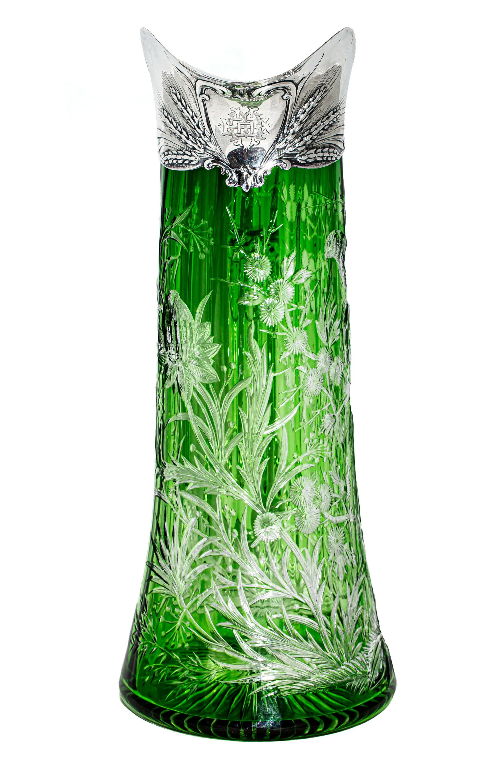 Magnificent Stevens & Williams Green/Clear Engraved Cut Glass Pitcher with Mauser Sterling Silver - 3
