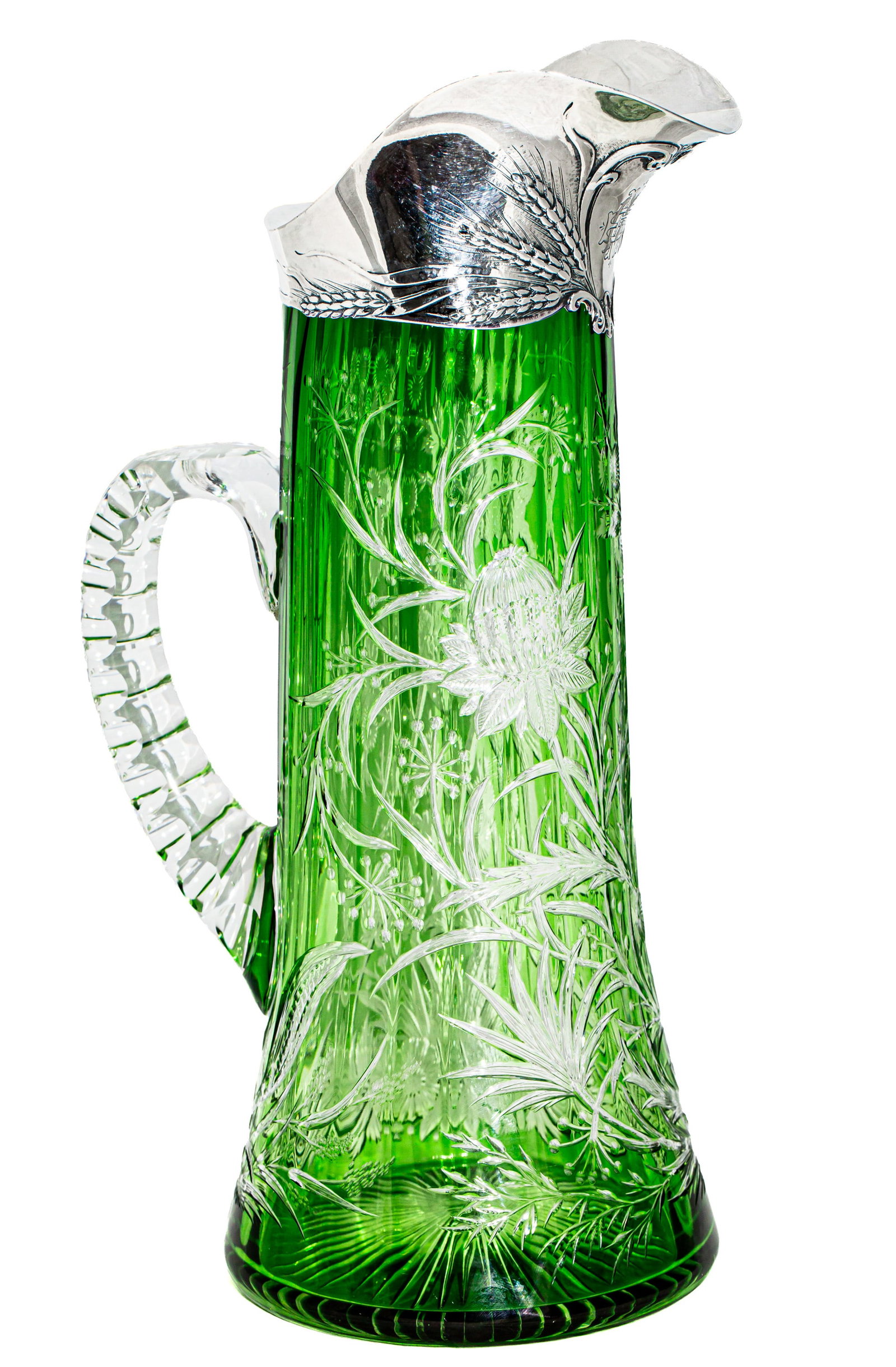 Magnificent Stevens & Williams Green/Clear Engraved Cut Glass Pitcher with Mauser Sterling Silver - 4