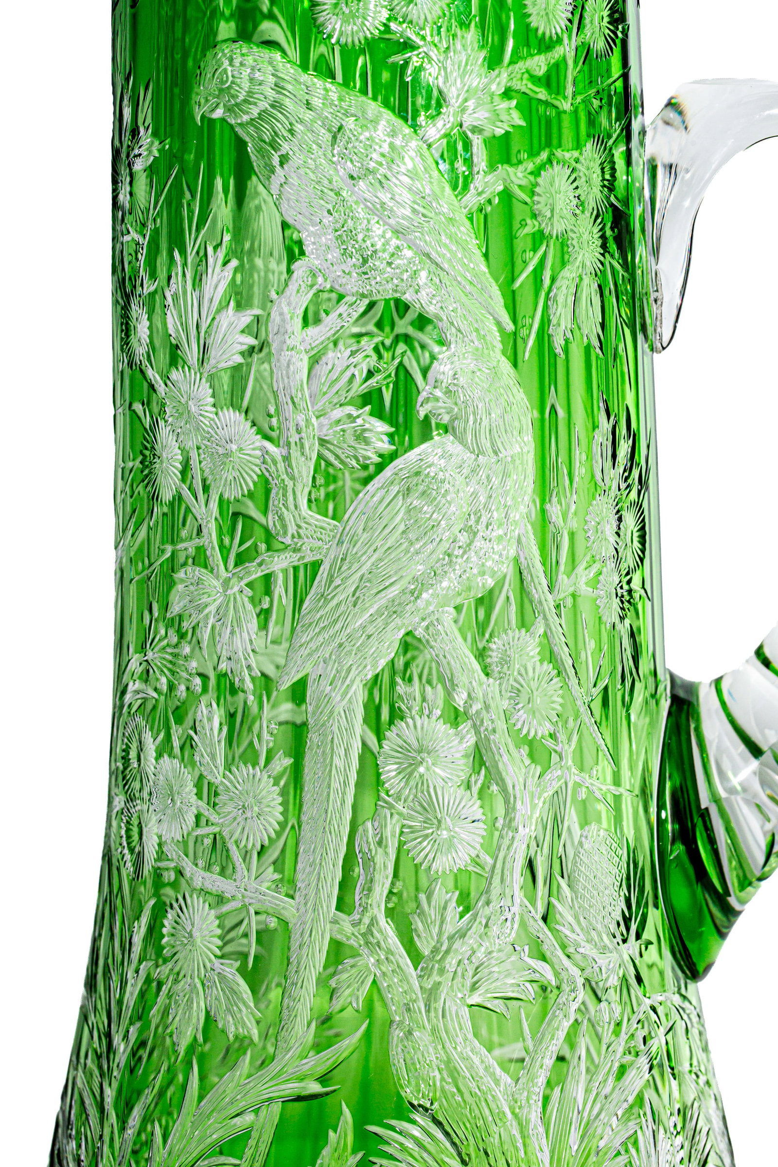 Magnificent Stevens & Williams Green/Clear Engraved Cut Glass Pitcher with Mauser Sterling Silver - 5