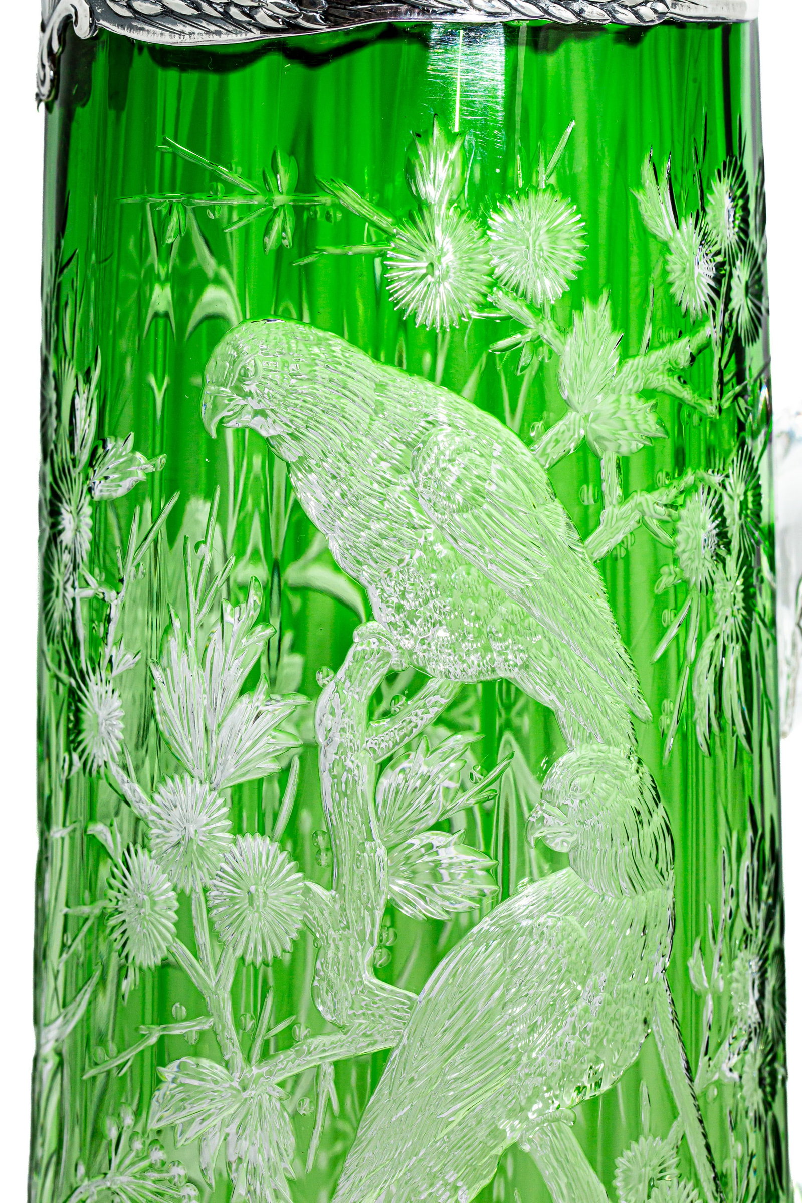 Magnificent Stevens & Williams Green/Clear Engraved Cut Glass Pitcher with Mauser Sterling Silver - 6