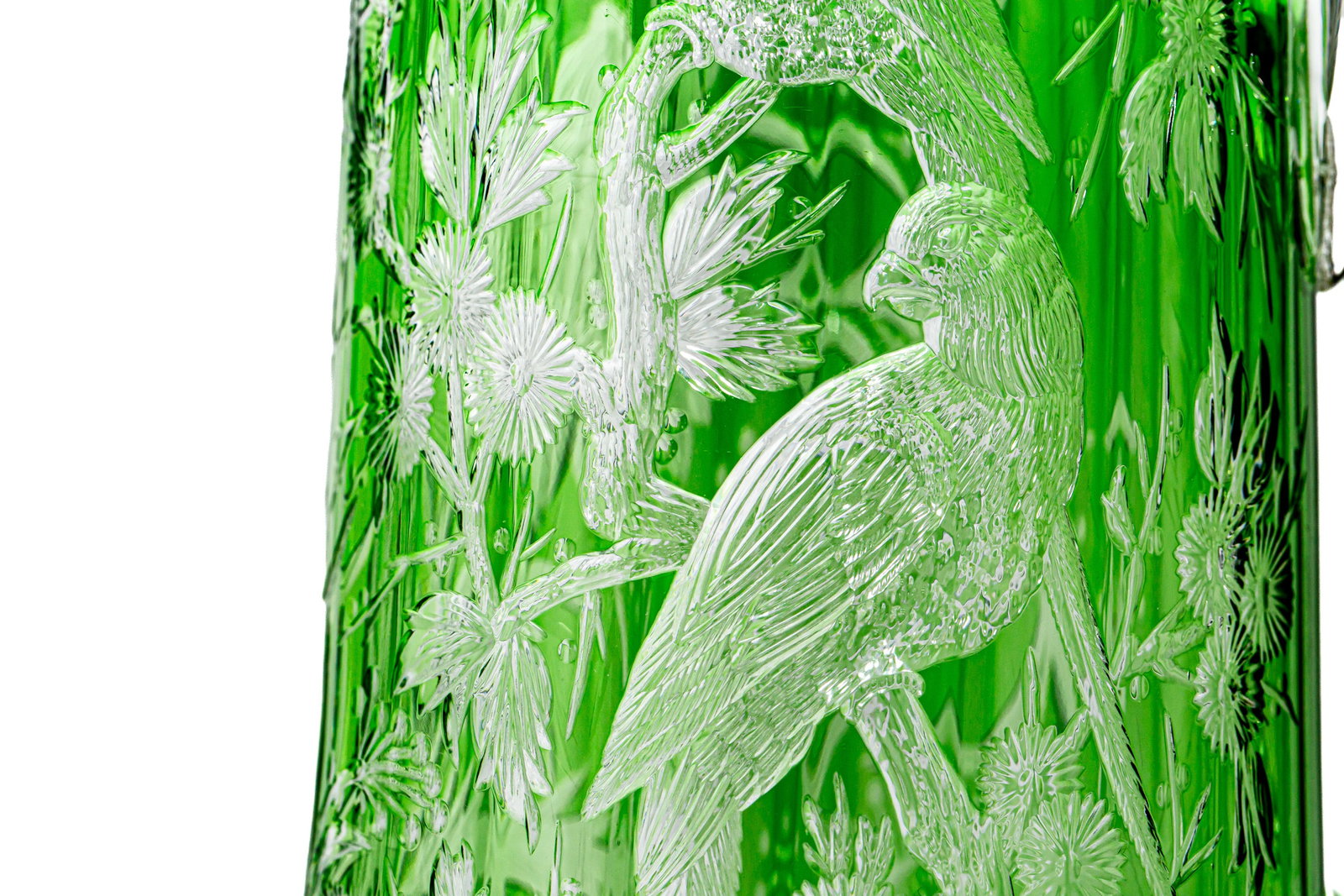 Magnificent Stevens & Williams Green/Clear Engraved Cut Glass Pitcher with Mauser Sterling Silver - 7