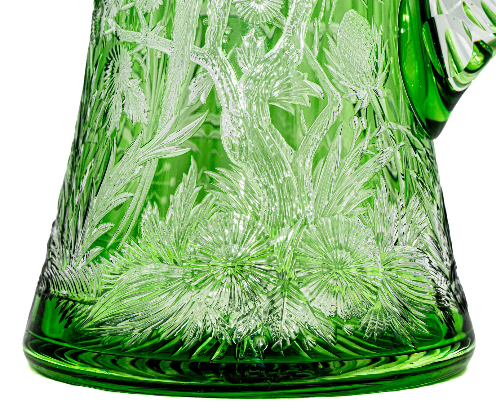 Magnificent Stevens & Williams Green/Clear Engraved Cut Glass Pitcher with Mauser Sterling Silver - 8