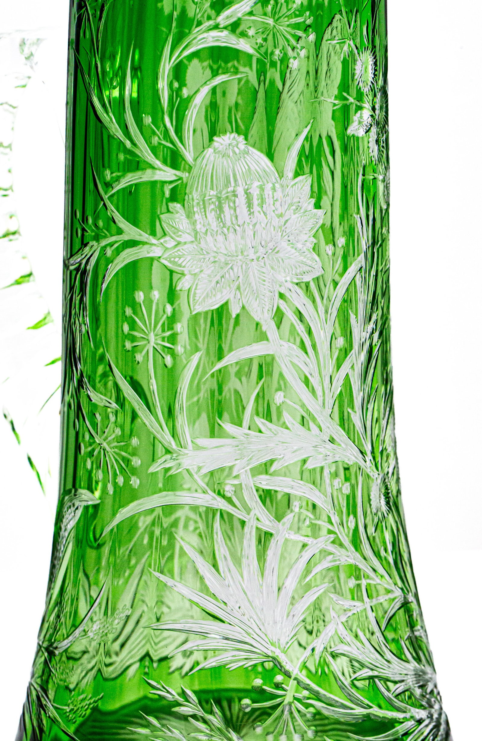 Magnificent Stevens & Williams Green/Clear Engraved Cut Glass Pitcher with Mauser Sterling Silver - 9