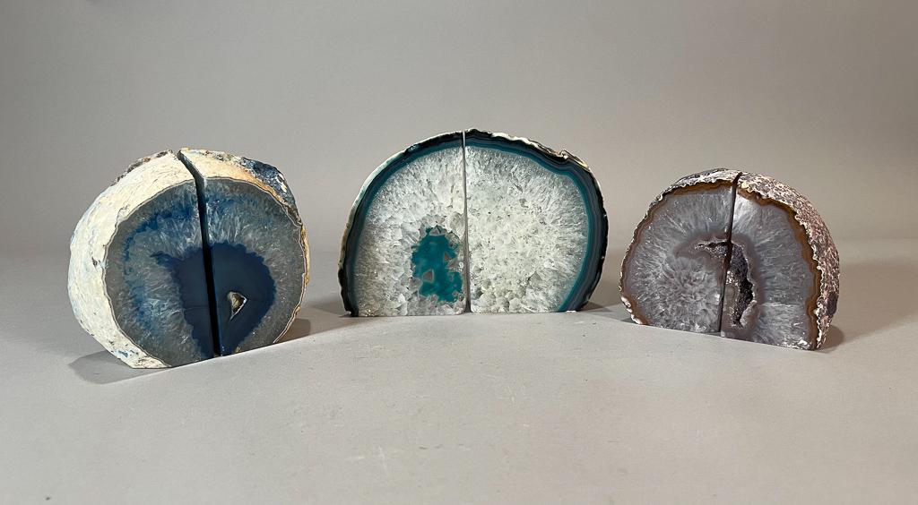 Three Pairs of Polished Geode Bookends: Three pairs of vintage polished bookends; including natural stone, polished quartz and blue agate; 5 1/4" x 3 3/4" x 1 7/8" (tallest, approx.)