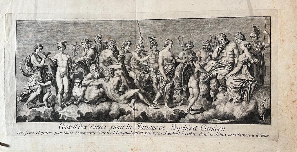 Group of Four Antique Prints by Mitelli and Others: Group of four antique prints; including an engraving by Giuseppe Maria Mitelli (Italian 1634 - 1718), 'Eripit Aenas humeris ex hoste Parentem VI"; an unidentified engraving "Mort d'Hector", hand- colo