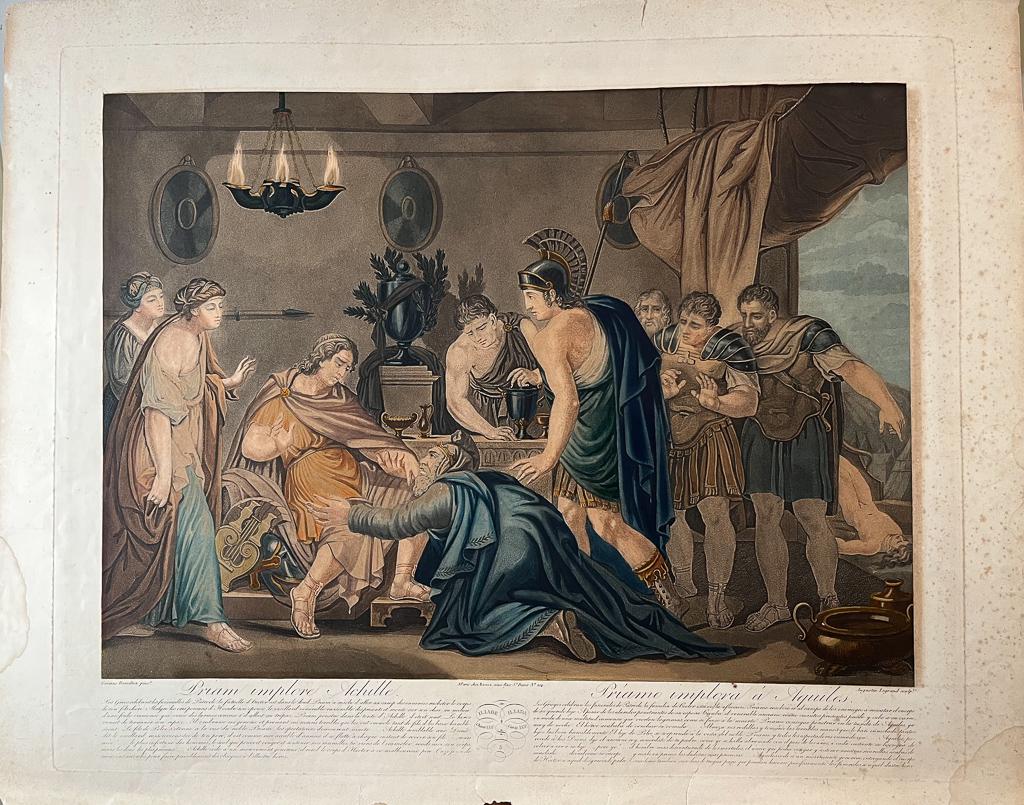 Antique Print of Priam and Achilles: Antique print by Augustin Legrand (French 1765- c. 1855) after a painting by Gavin Hamilton (Scottish 1723-1798); of Priam before Achilles, not framed; 22 1/2" x 28 1/2" (overall, approx.)