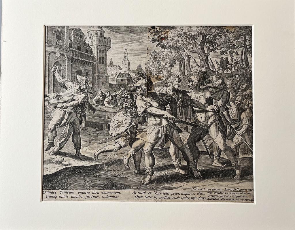 Antique Engraving by De Vos and Sadeler: 16th century engraving, "Shimei Curses David and Casts Stones at Him" by Aegidius Sadeler II (Flemish 1570-1629) after a drawing by Maarten de Vos (Flemish 1532-1603), published by Johann Sadeler I (F
