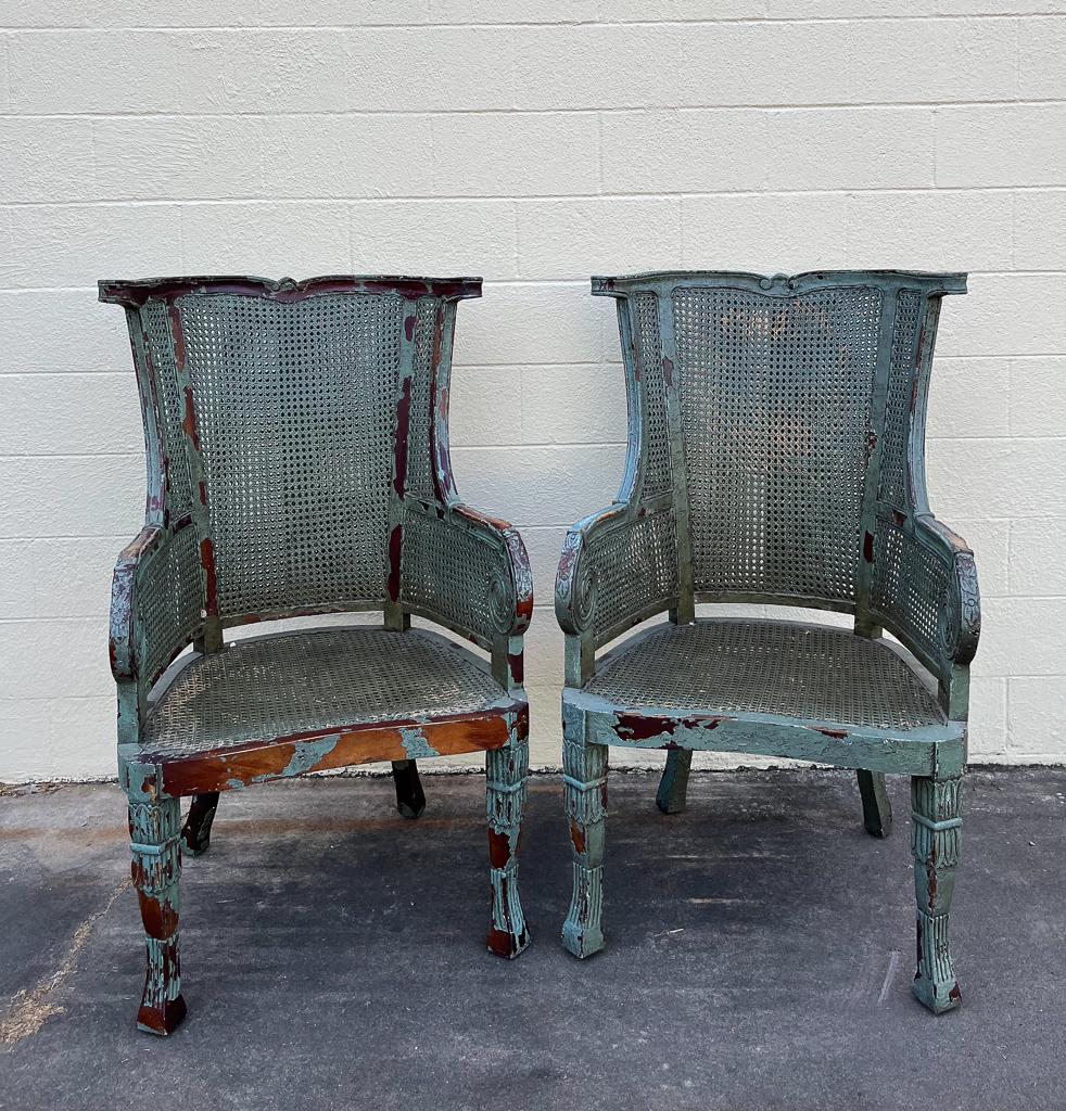 Pair of 20th-Century Guildmaster Caned Wingback Chairs: Elegant pair of Guildmaster caned wingback chairs; 49" x 30 1/2" x 30" (each, approx.)