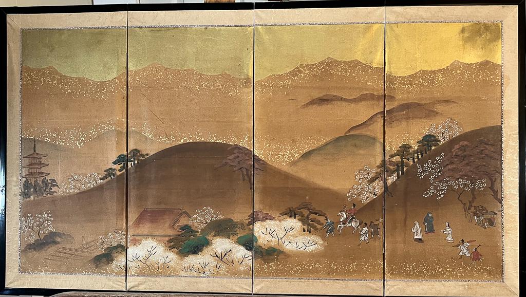 Vintage Japanese Hand-Painted Four Panel Screen: Old or antique Japanese four-panel hand painted screen; depicting a hilly landscape decorated with cherry blossom trees, a distant pagoda structure and number of figures entering the scene from the ri