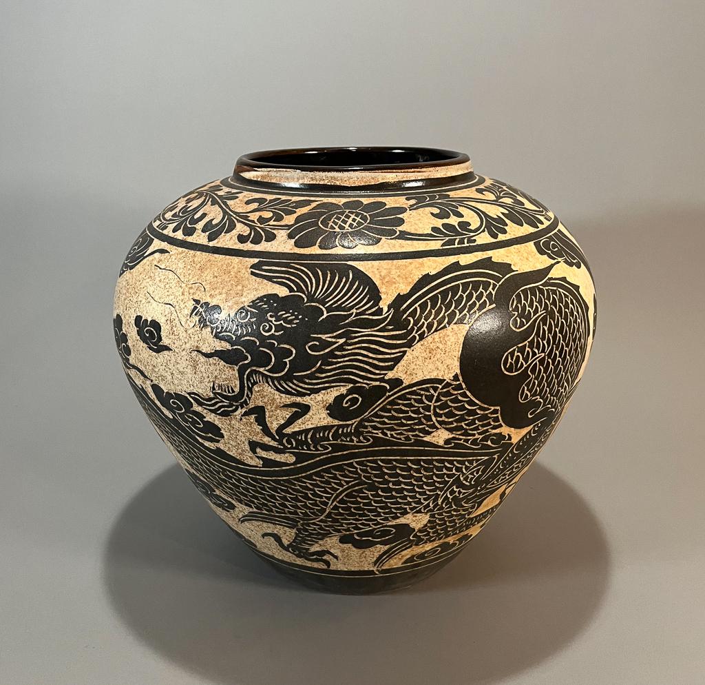 Large Glazed Ceramic Jar: Large Chinese or Korean glazed ceramic jar; with dragon and phoenix chasing pearls decoration; 14 1/2" x 14 1/2" (approx.)