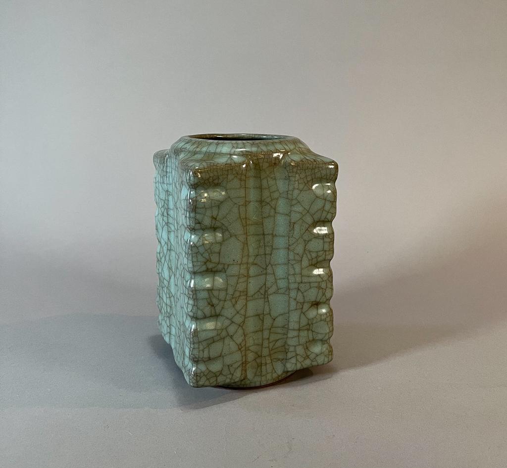 Chinese Crackle Glazed Celadon Porcelain Guangxu-Style Cong Vase: Chinese crackle glazed celadon porcelain Guangxu-style cong vase; 71/2" x 3" sq. (approx.)