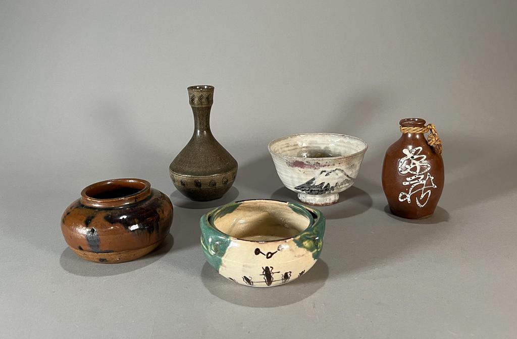 Group of Five Japanese Ceramics: Group of vintage Japanese studio ceramics; including a footed bowl, two vases and two jars; four with marks; H: 6" (tallest, approx.)