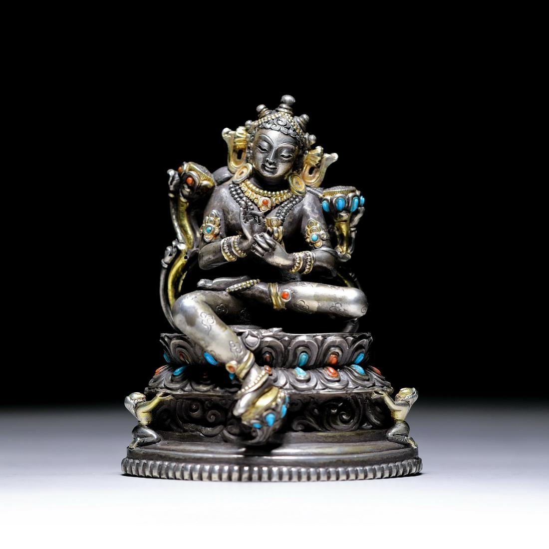 Qing Dynasty Nepalese Style Sterling Silver Gilt Inlaid Gem Green Tara (1 of 9)