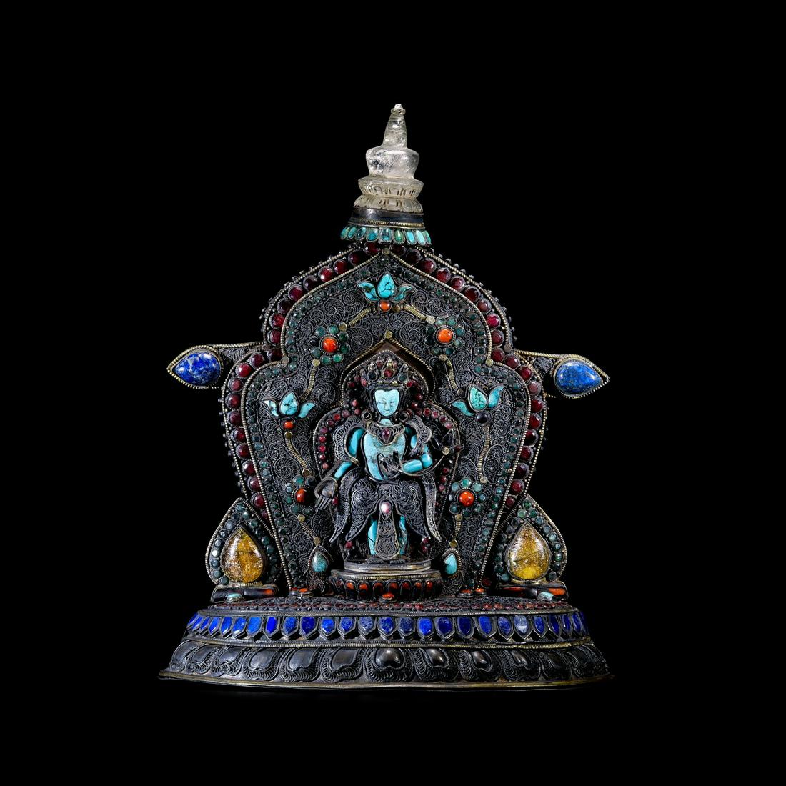 Qing Dynasty Nepalese style sterling silver filigree inlaid gemstone lotus-handed Bodhisattva statue (1 of 7)