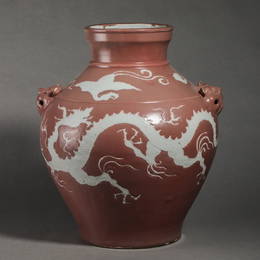 China Yuan Dynasty Underglaze Red and White Dark Engraved Dragon Pattern Jar