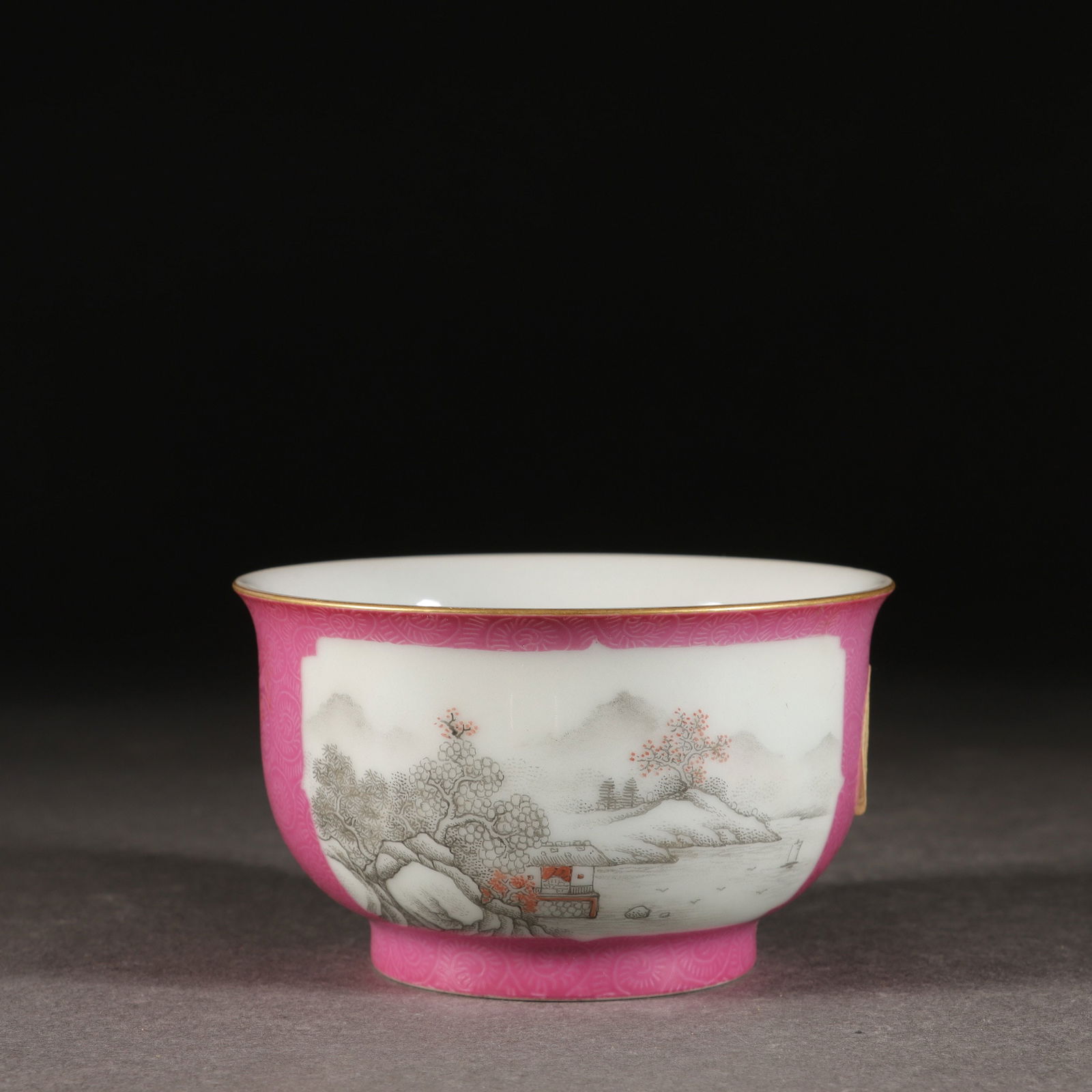 A Carmine red ink color painted landscape figure cup (1 of 8)