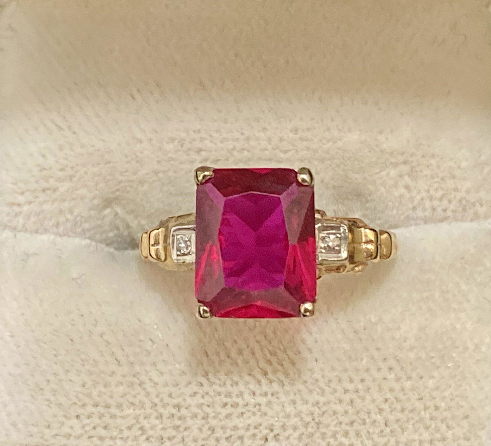 1930's Antique Solid Yellow Gold Ruby & Diamond Ring - (1 of 6)