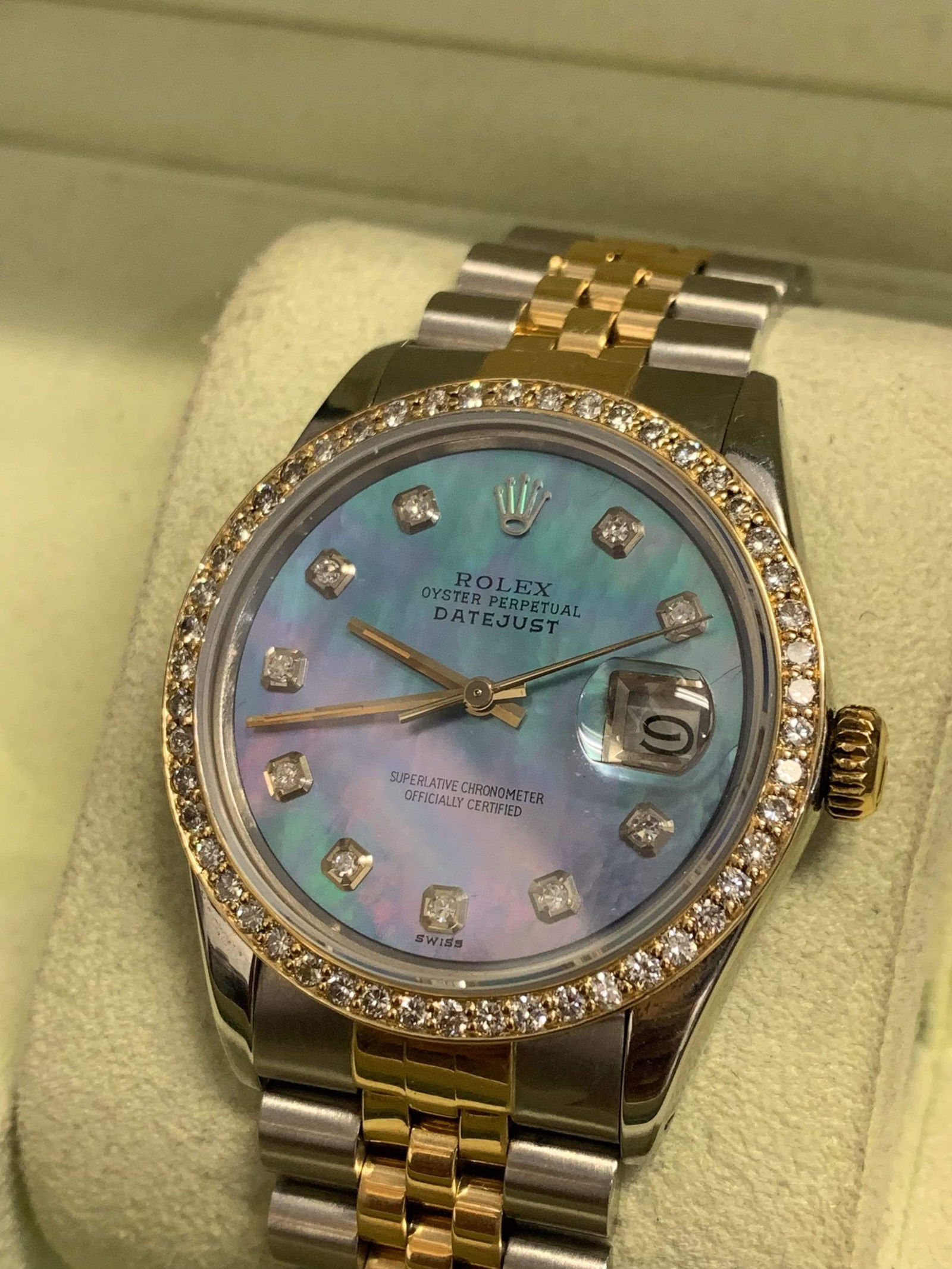 Rolex Oyster Perpetual Datejust W Mop Dial Dmnd Bezel 30k Apr