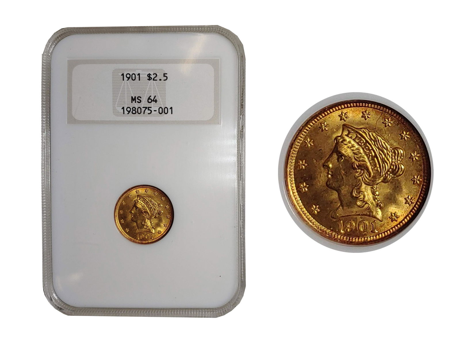 1901 Liberty Head Quarter Eagle Brilliant Gold Toning MS-64 (NGC) - $1.3K APR Value w/ Certificate (1 of 2)