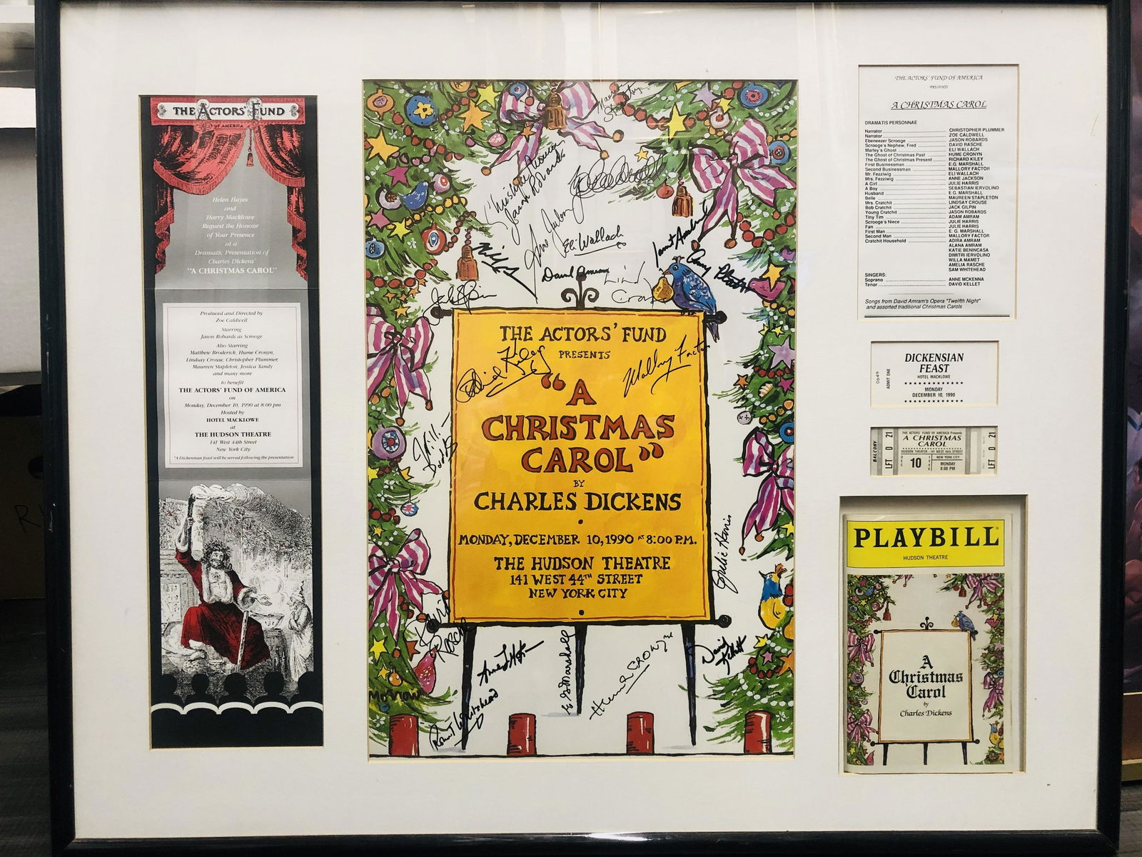 Actors' Fund Unique Poster 20+ Autos Dickens' "Christmas Carol" - $10K APR Value w/ Certificate of: Professionally matted and framed unique theater memorabilia collage for the December 10th, 1990 Actor's Fund production of Charles Dickens' “A Christmas Carol.” Directed and produced by fo