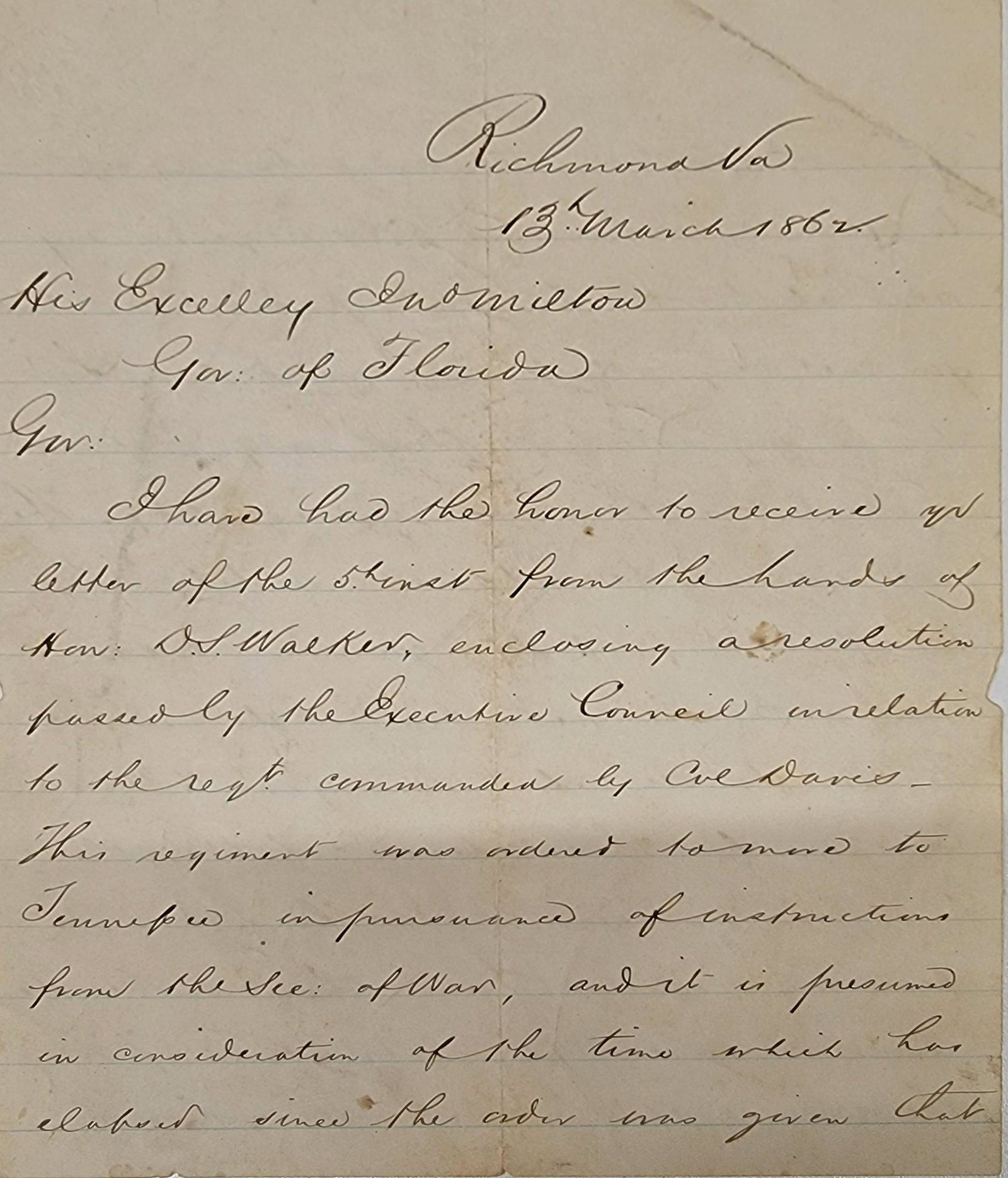 Civil War Letter Written by General Robert E Lee 1862 - $40K Appraisal Value w/ Certificate of: ROBERT E LEE CIVIL WAR LETTER TO GOVERNOR OF FLORIDA - $40,000 APPRAISAL VALUE! ITEM DESCRIPTION: This is a letter from the confederate army general Robert E. Lee to John Milton, the