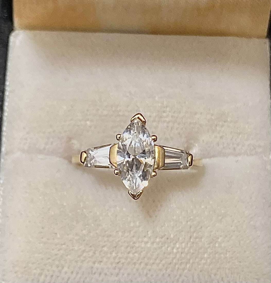 Unique Designer's Solid Yellow Gold with CZ 3-stone Engagement Ring $1.5K Appraisal Value w/CoA}: The joy of wearing a piece of art on your finger is within reach when you grab this stunning designerâ€™s Diamond style Engagement Ring! This Solid Yellow Gold ring has simple but unique details