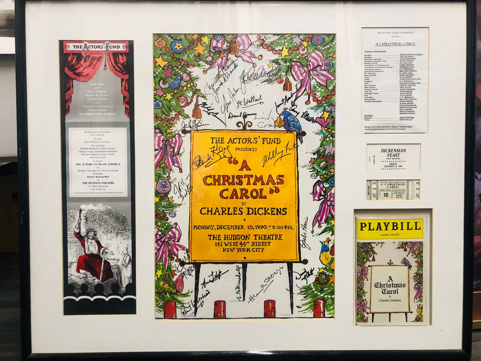 Actorsâ€™ Fund Unique Poster 20+ Autos Dickensâ€™ "Christmas Carol"-COA- $10K APR!!@: Professionally matted and framed unique theater memorabilia collage for the December 10th 1990 Actorâ€™s Fund production of Charles Dickensâ€™ â€œA Christmas Carol.” Directed and p