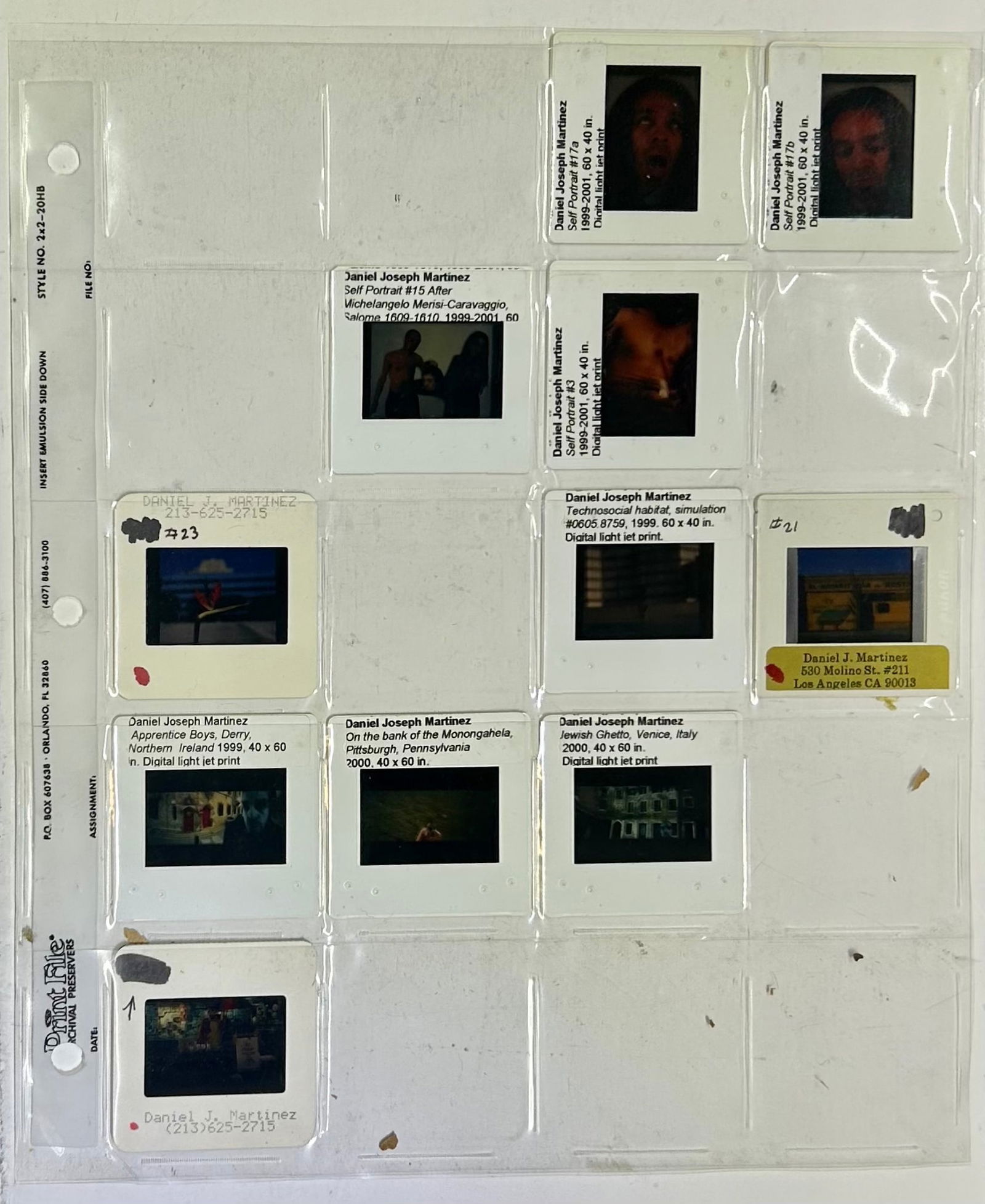Color Positive Photograph Slide Film Lot Daniel Joseph Martinez - $10k APR w/ COA: COLOR POSITIVE PHOTOGRAPH SLIDE FILM LOT 20 E-6 SLIDES SHOT BY DANIEL JOSEPH MARTINEZ - $10K APPRAISAL VALUE! ITEM DESCRIPTION: A lot of 20 E-6 color positive slides shot by Daniel Joseph Martinez sho