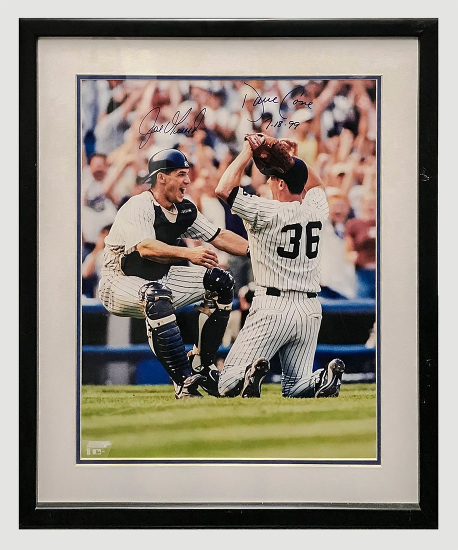 David Cone & Joe Girardi 1999 Signed Perfect Game Photo -CoA- & $5K APR Value+: An authentic color print showing David Cone and Joe Girardi celebrating after Cone threw his perfect game on July 18 1999. The print is signed â€˜Joe Girardiâ€™ and â€˜David Cone 7.18.99�