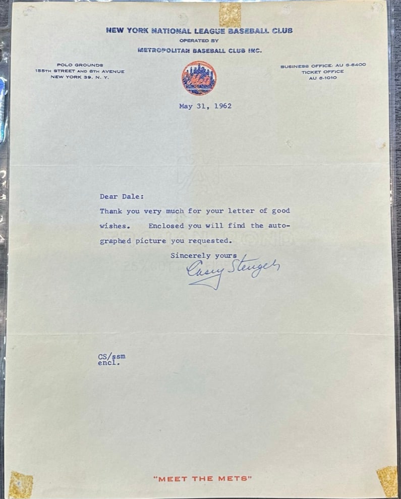 CASEY STENGEL ORG METS LETTERHEAD C1962 1ST MONTH METS EVER EXIST - $4k APR wCoA! (1 of 2)
